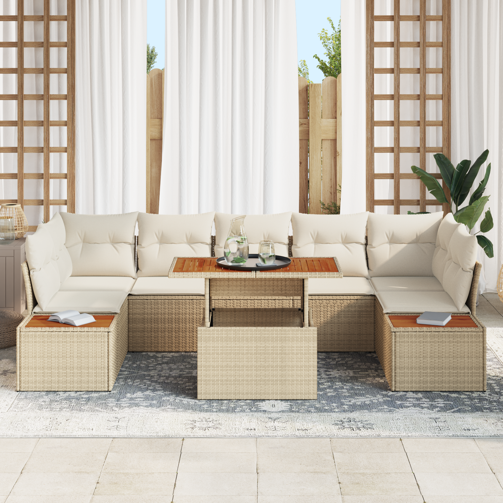 vidaXL 8-delige tuinset met kussens in beige van poly rattan