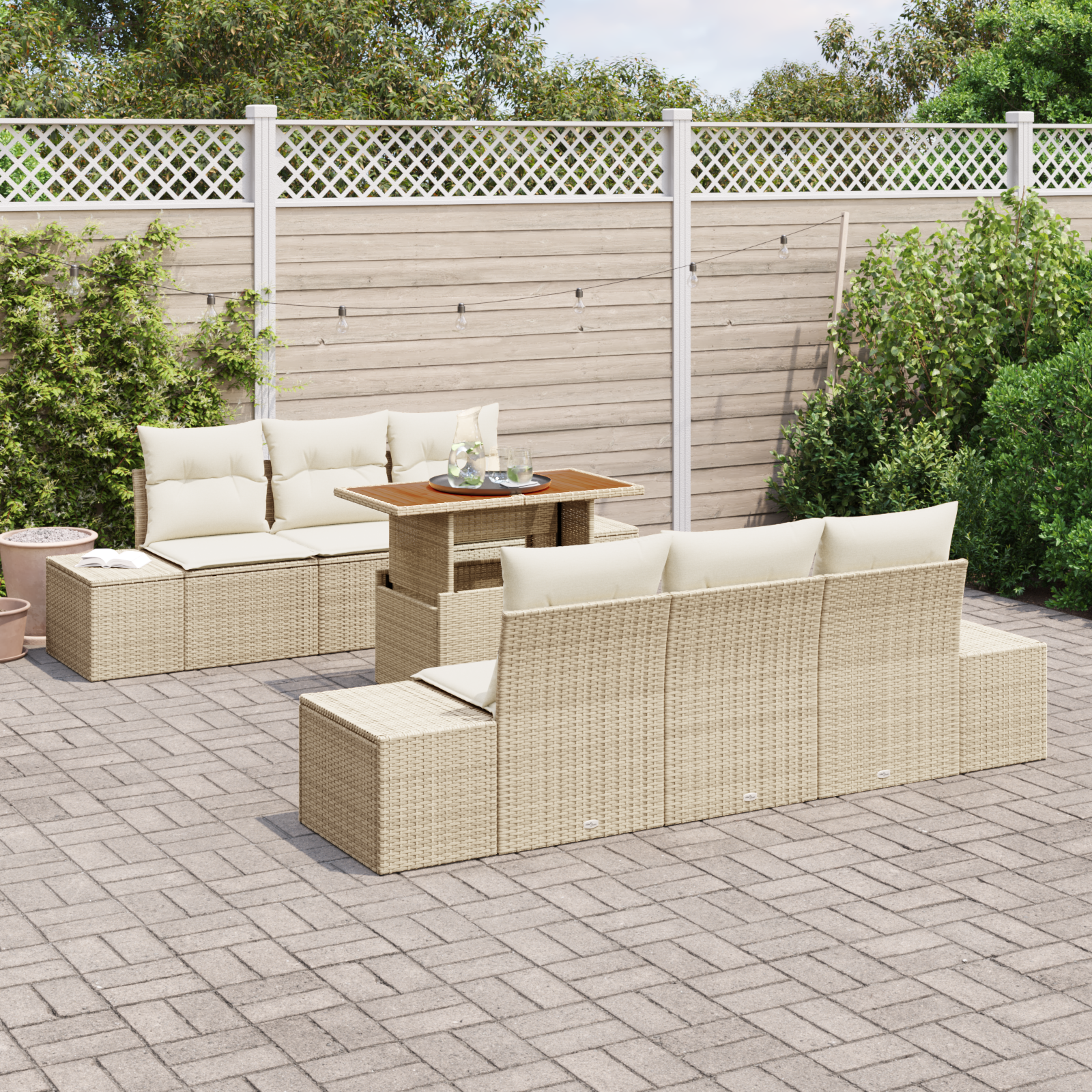 vidaXL 7-delige Tuinbankenset met kussens poly rattan beige