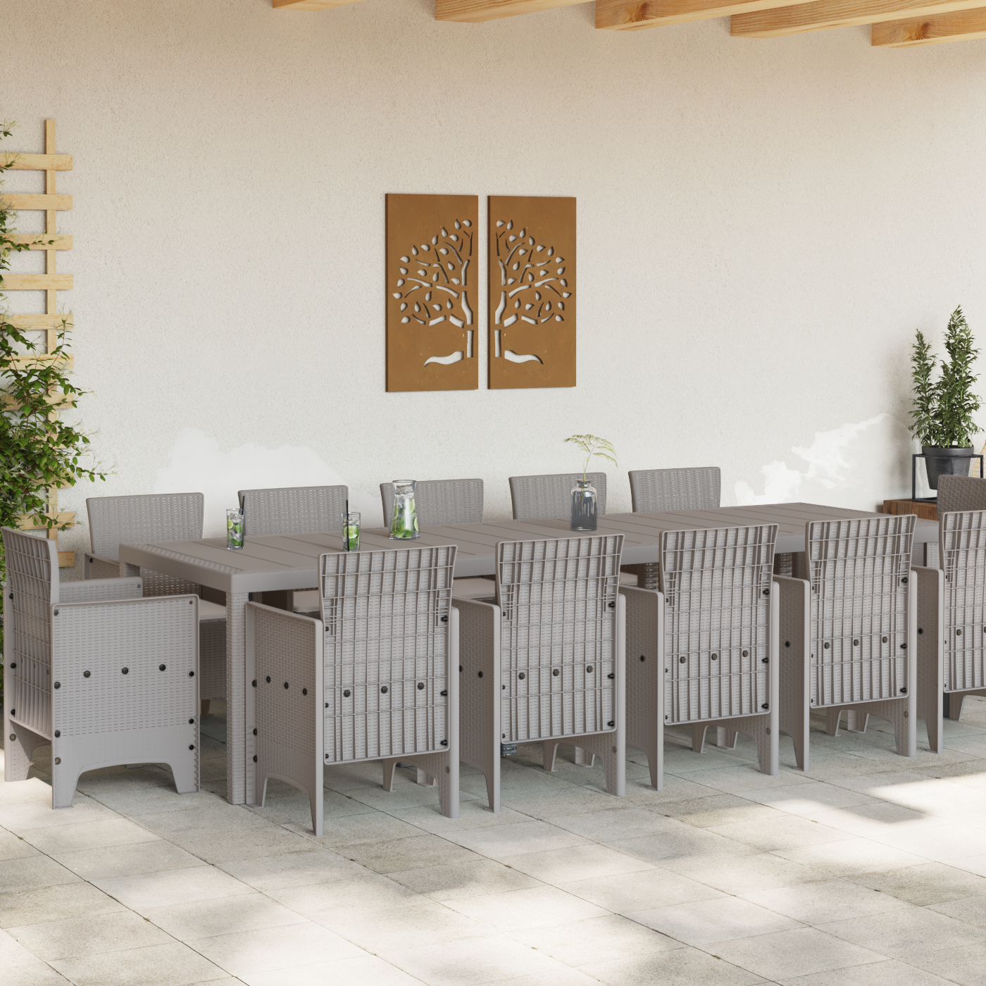 vidaXL Tuin Eetset met kussen 13 pcs Lichtgrijs Groot Poly riet