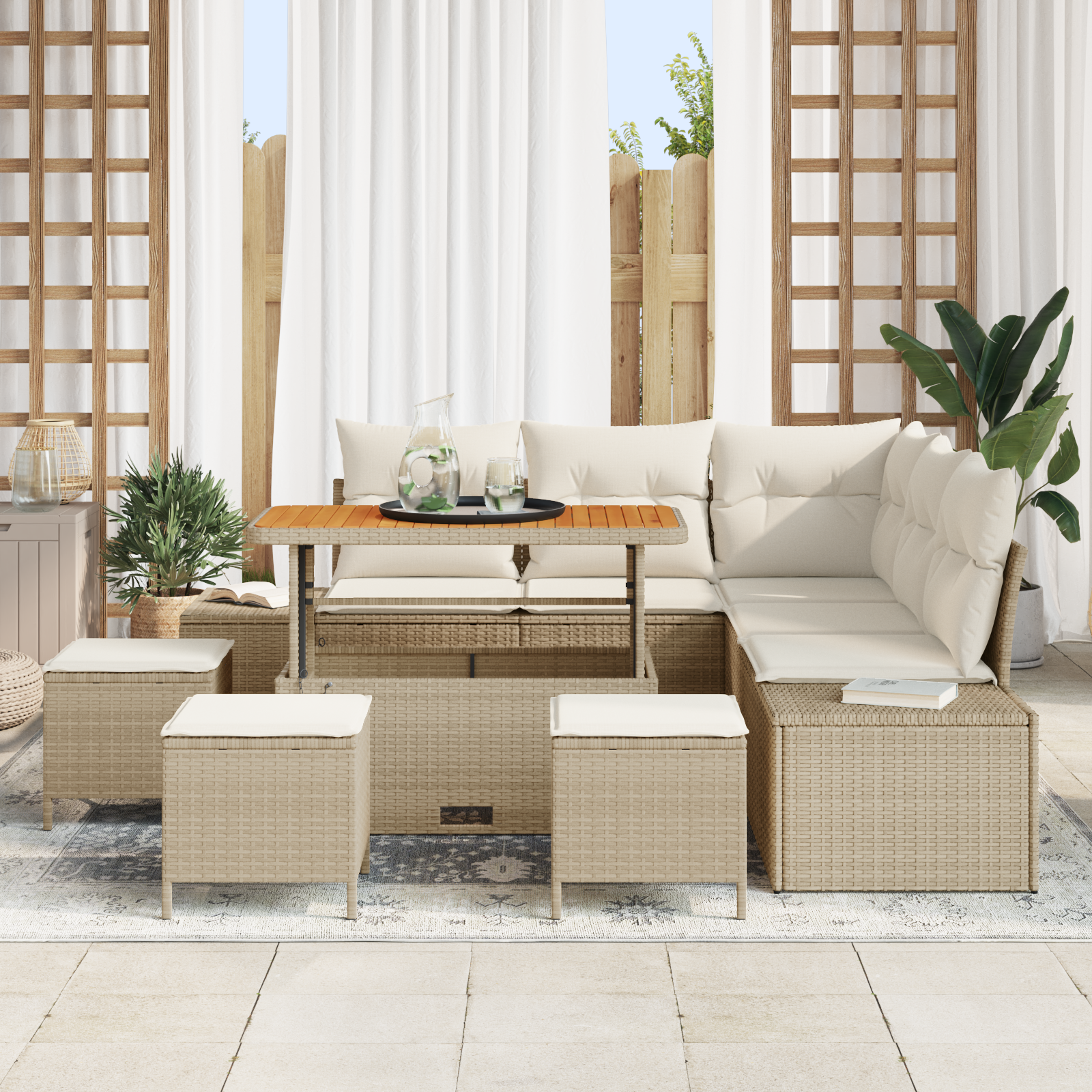 vidaXL 9-delige tuinset met beige kussens van poly riet en acacia.