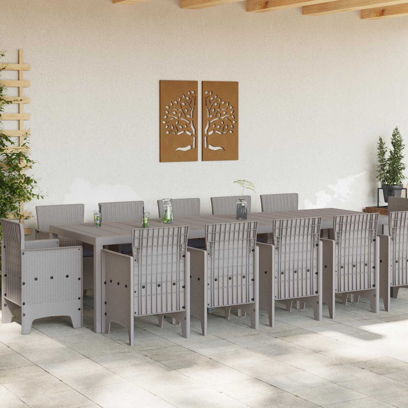 vidaXL Tuin Eetset met kussen Bruin en Lichtgrijs 12-zitter Rattan