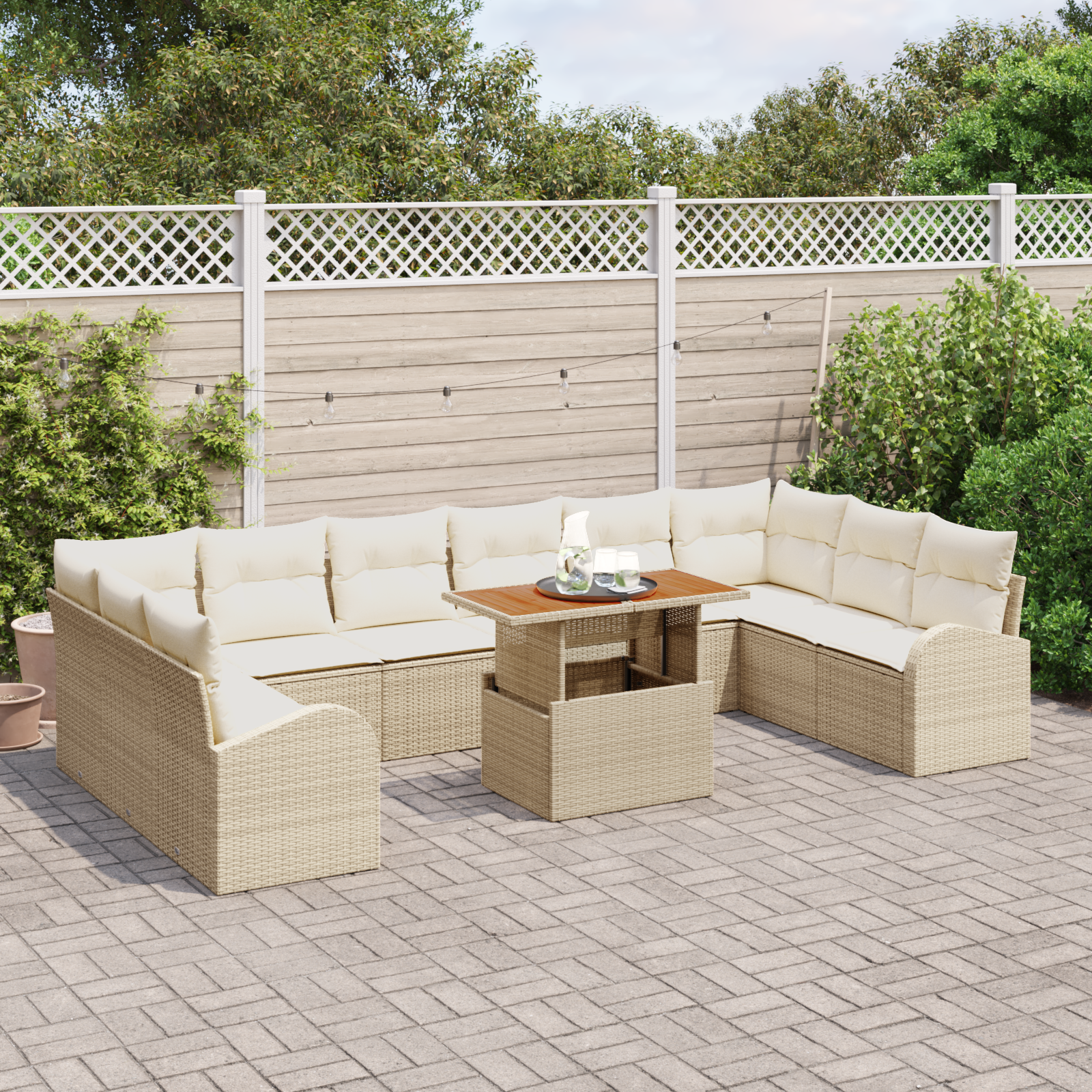 vidaXL 11-delige Tuinbankenset met kussens poly rattan beige