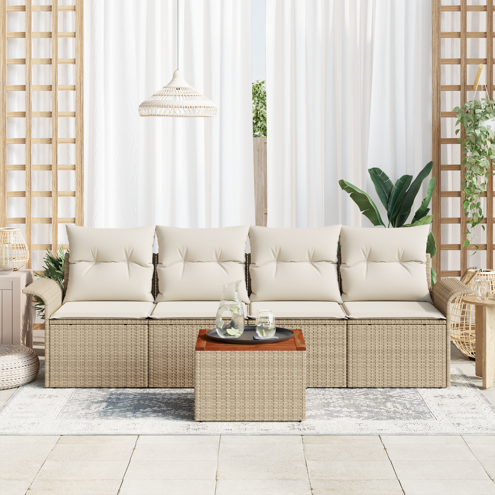 vidaXL 5-delige tuinset met kussens in beige van poly rattan en acacia