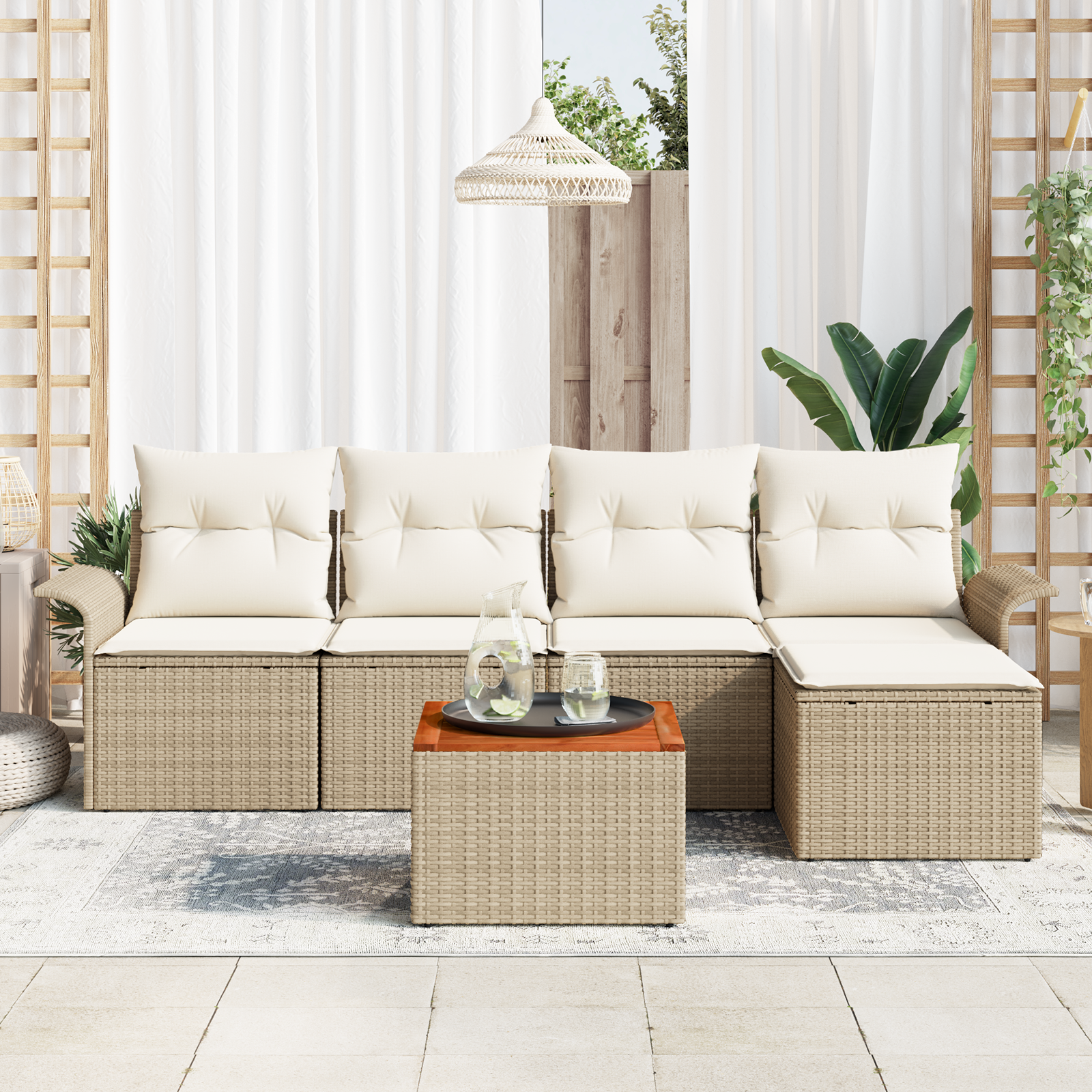 vidaXL 6-delige Tuinbankenset met kussens poly rattan acacia beige