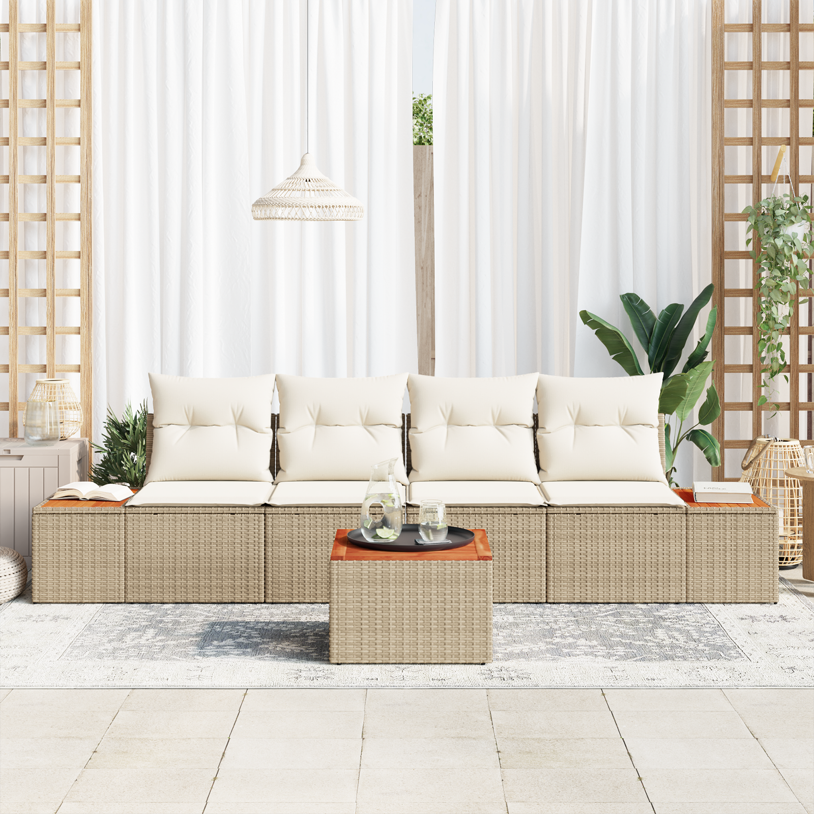vidaXL 5-delige tuinsofa set met kussens in beige van poly rattan en acacia