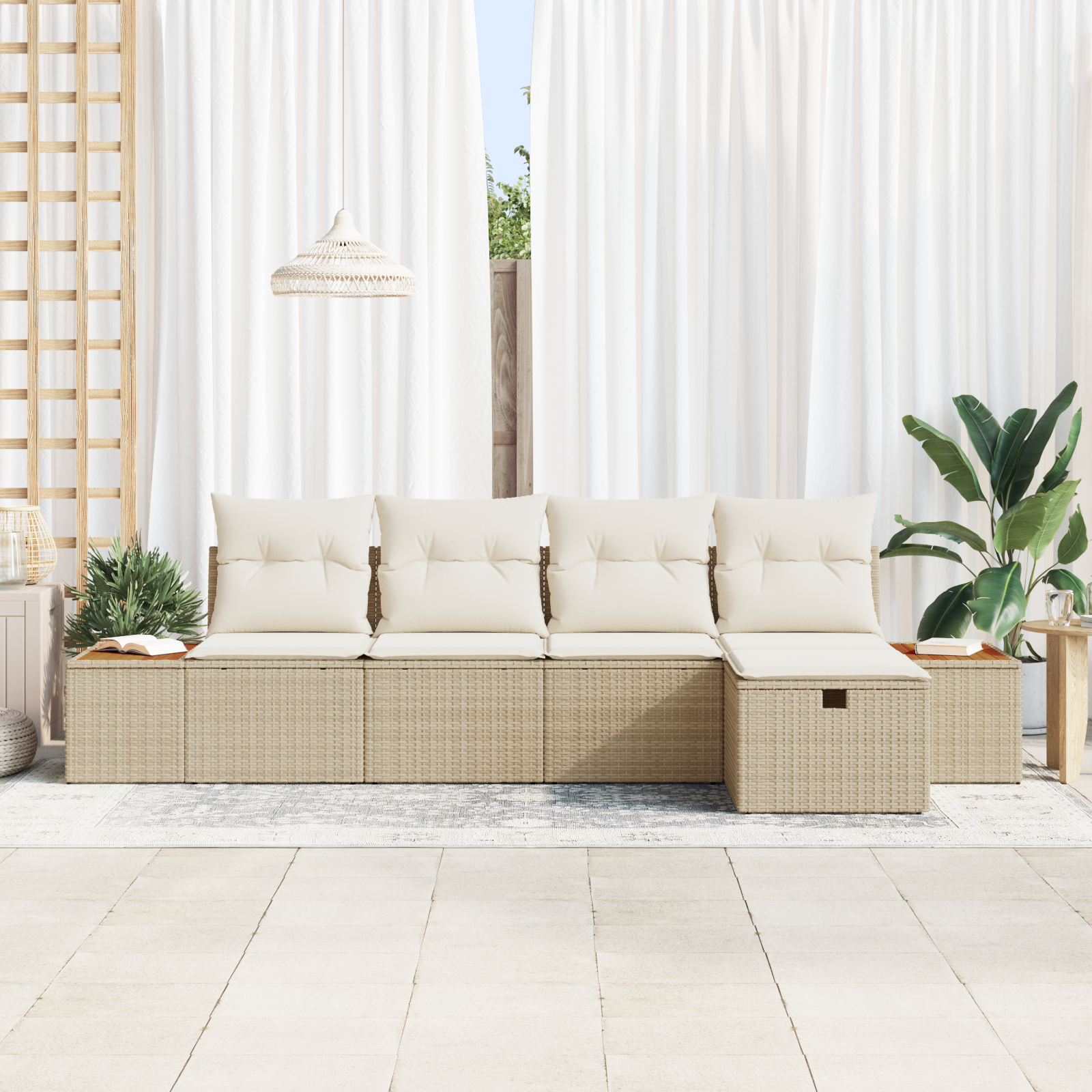 vidaXL 5-delig tuinbankstel met kussens in beige poly rattan
