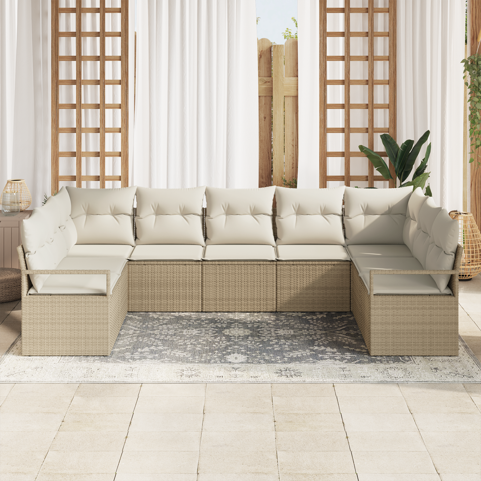 vidaXL 7-delige Tuinbankenset met kussens poly rattan beige