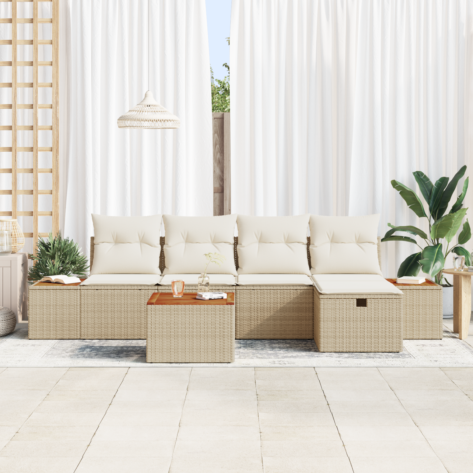 vidaXL 6-delige tuinset met kussens, beige poly rattan