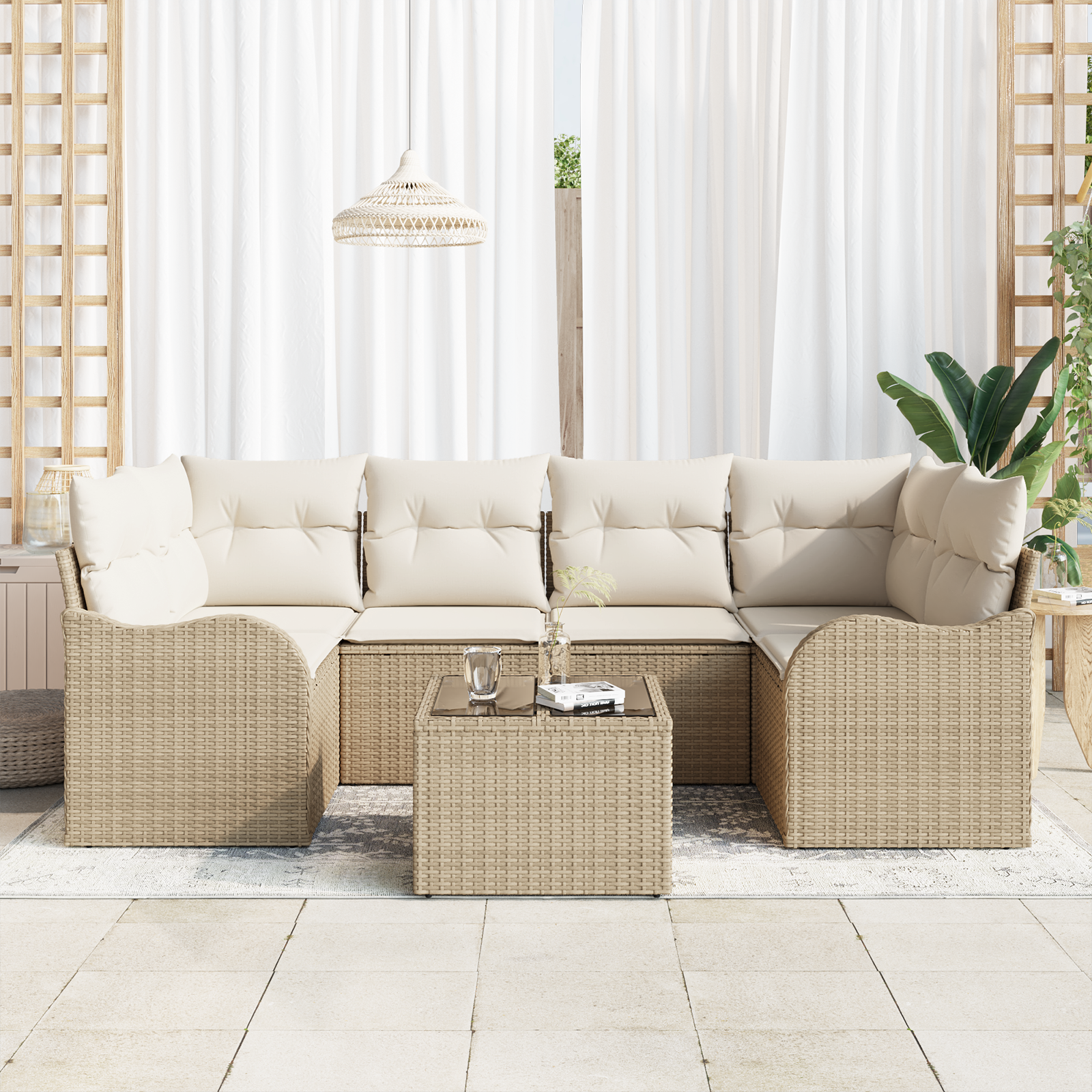 vidaXL 7-delige tuinsofa set met beige kussens van poly riet