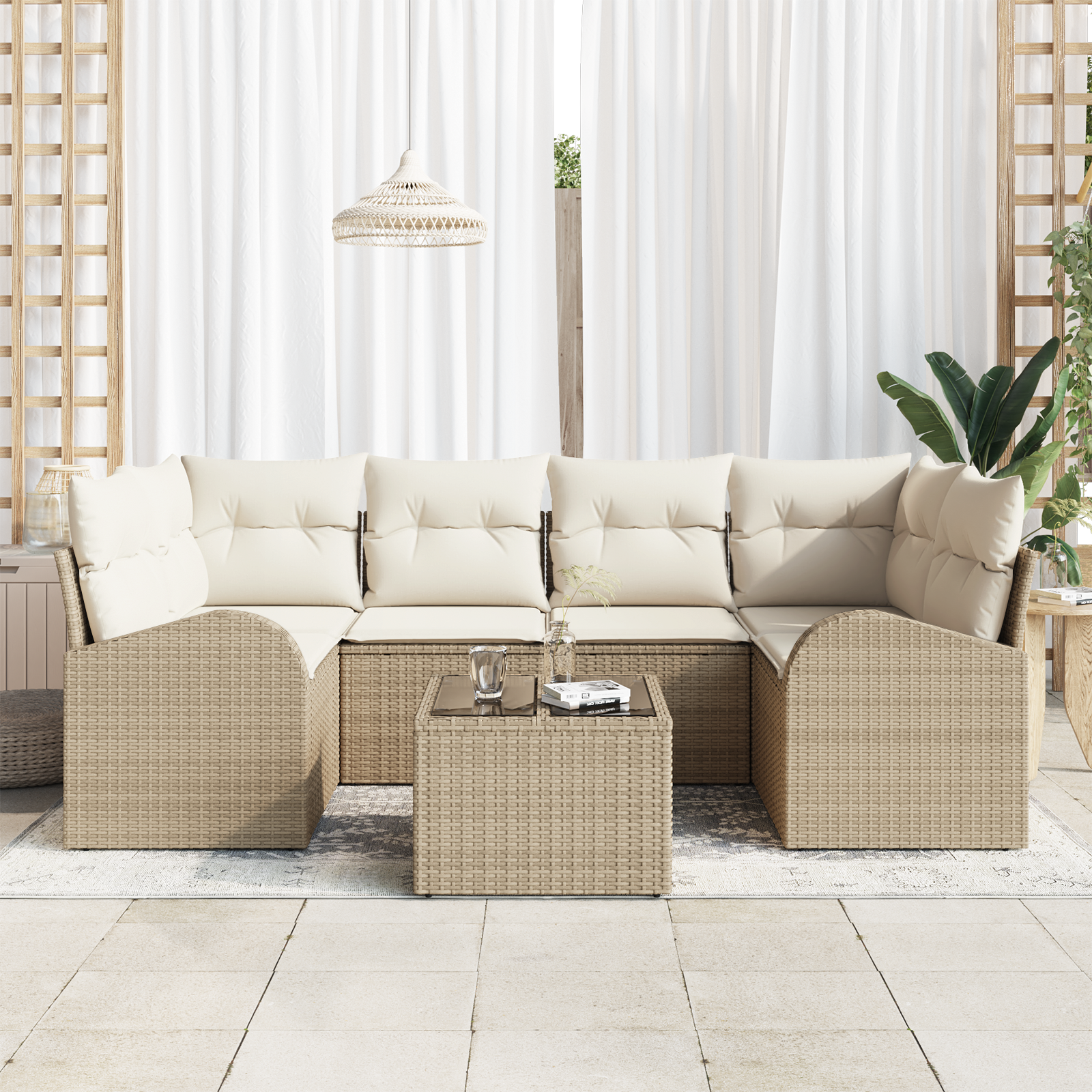 vidaXL 7-delige tuinsofa set met kussens in beige van poly rattan