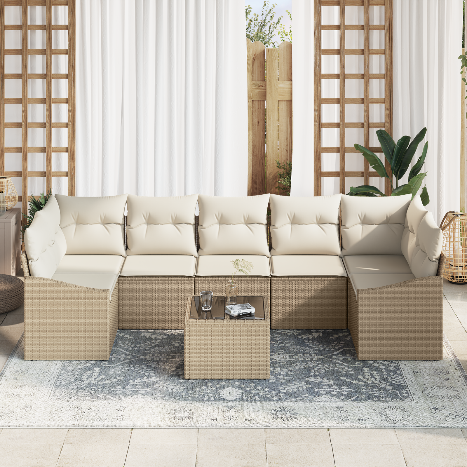 vidaXL 8-delig ligbedstel met kussens in beige poly riet