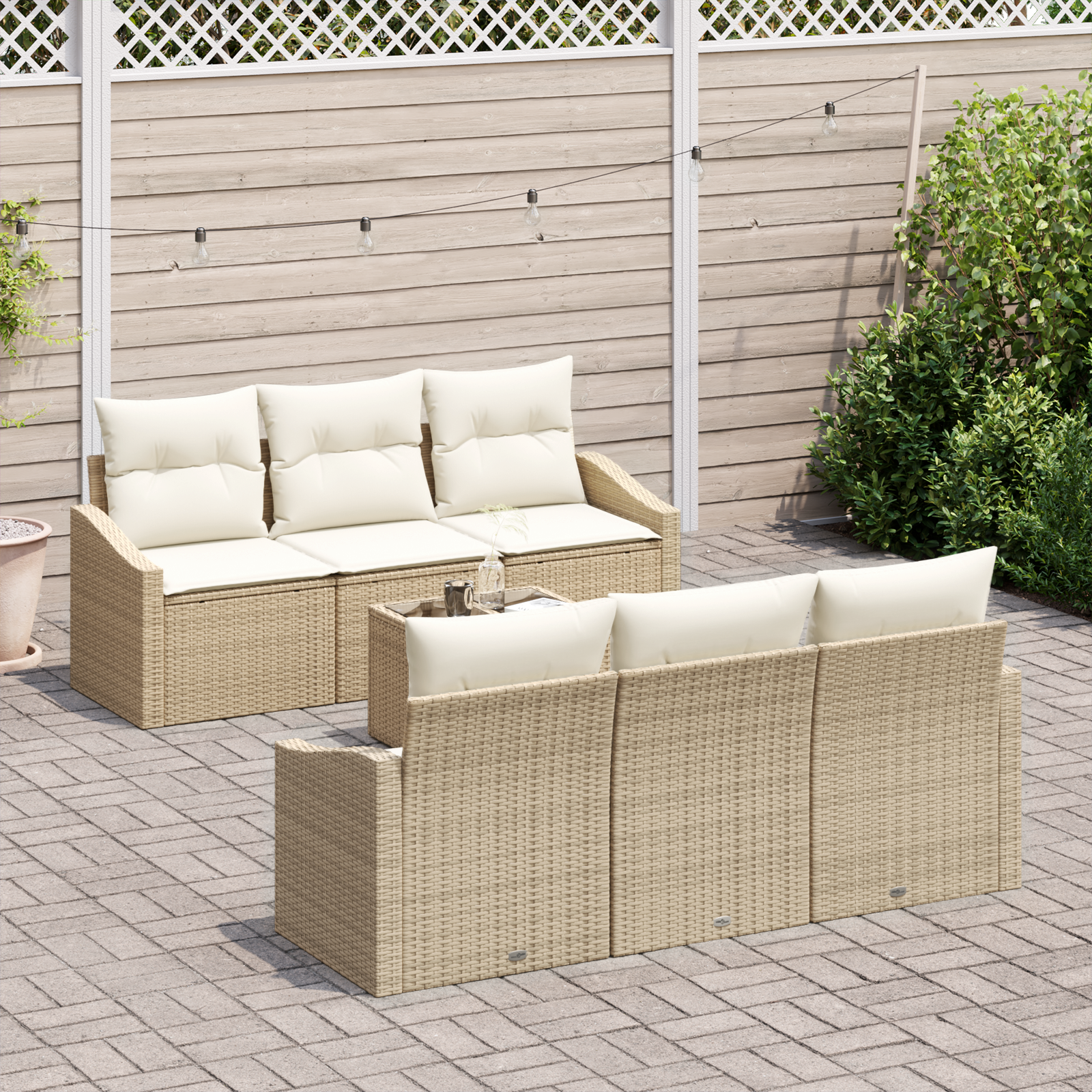 vidaXL 7-delige tuinset met kussens in beige poly rattan