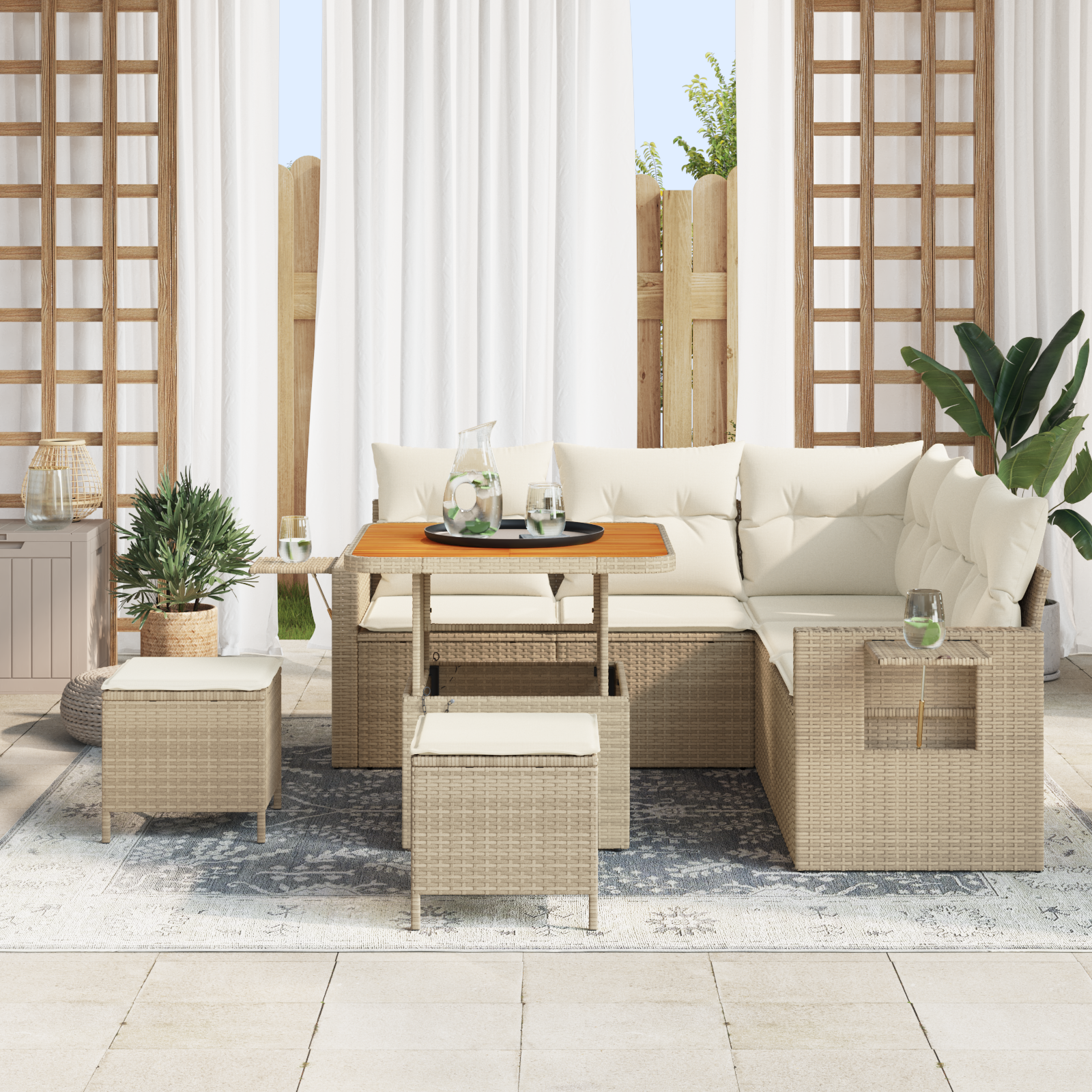 vidaXL 8-delige ligbed set met kussens Beige Poly Rattan Acacia