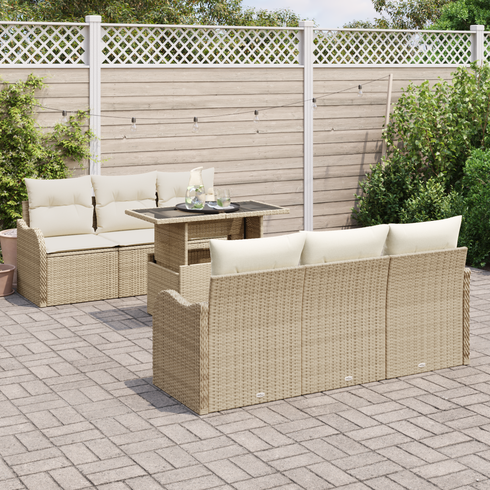 vidaXL 7-delige tuinset met kussens in beige poly rattan