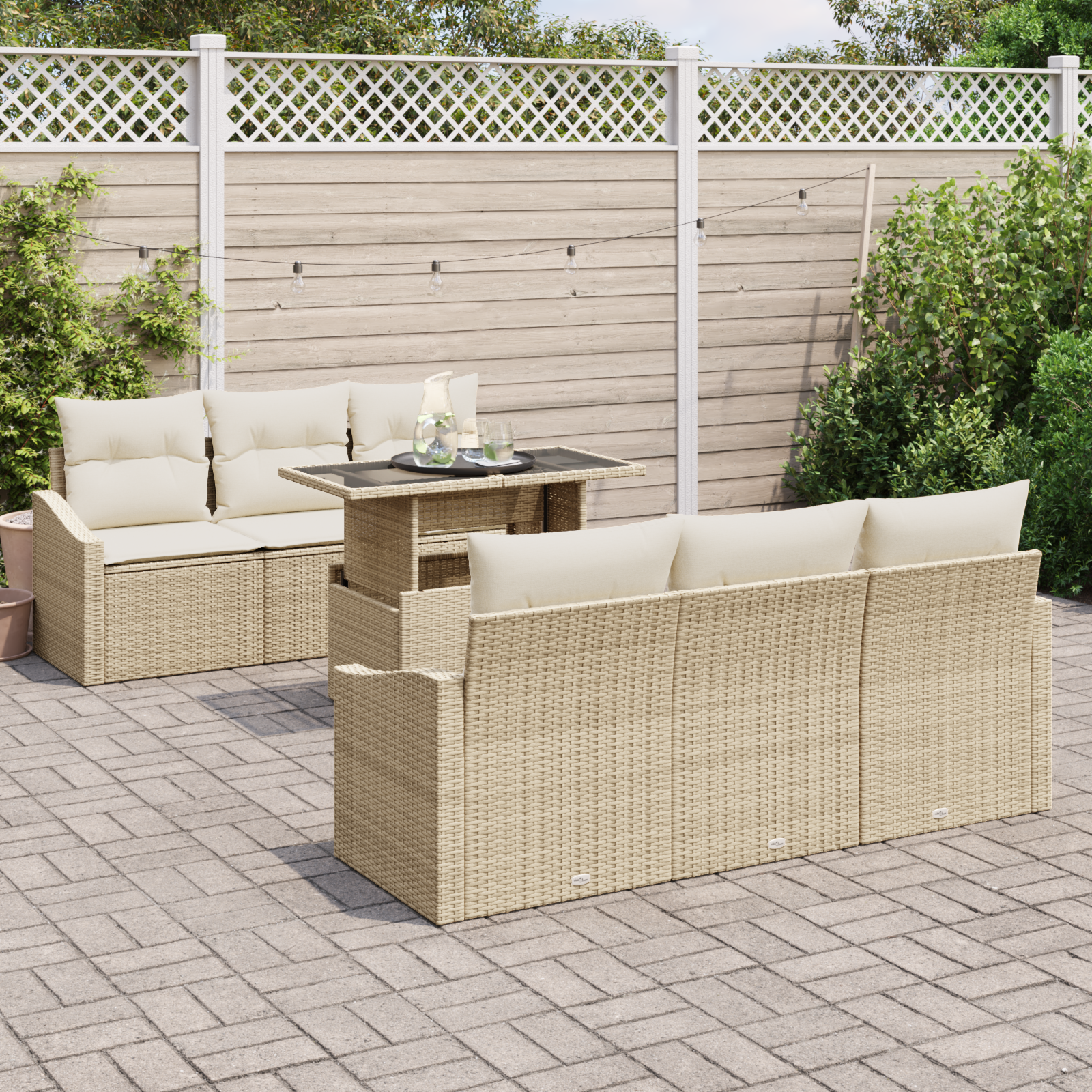 vidaXL 7-delige Tuinbankenset met kussens poly rattan beige
