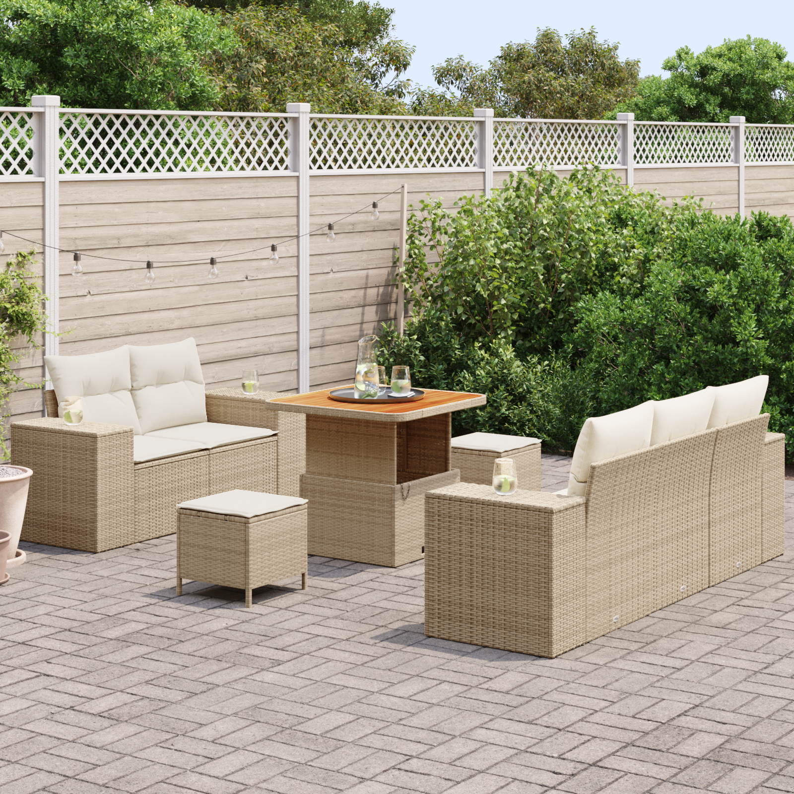 vidaXL 8-delige tuinset met kussens in beige poly rattan en acacia