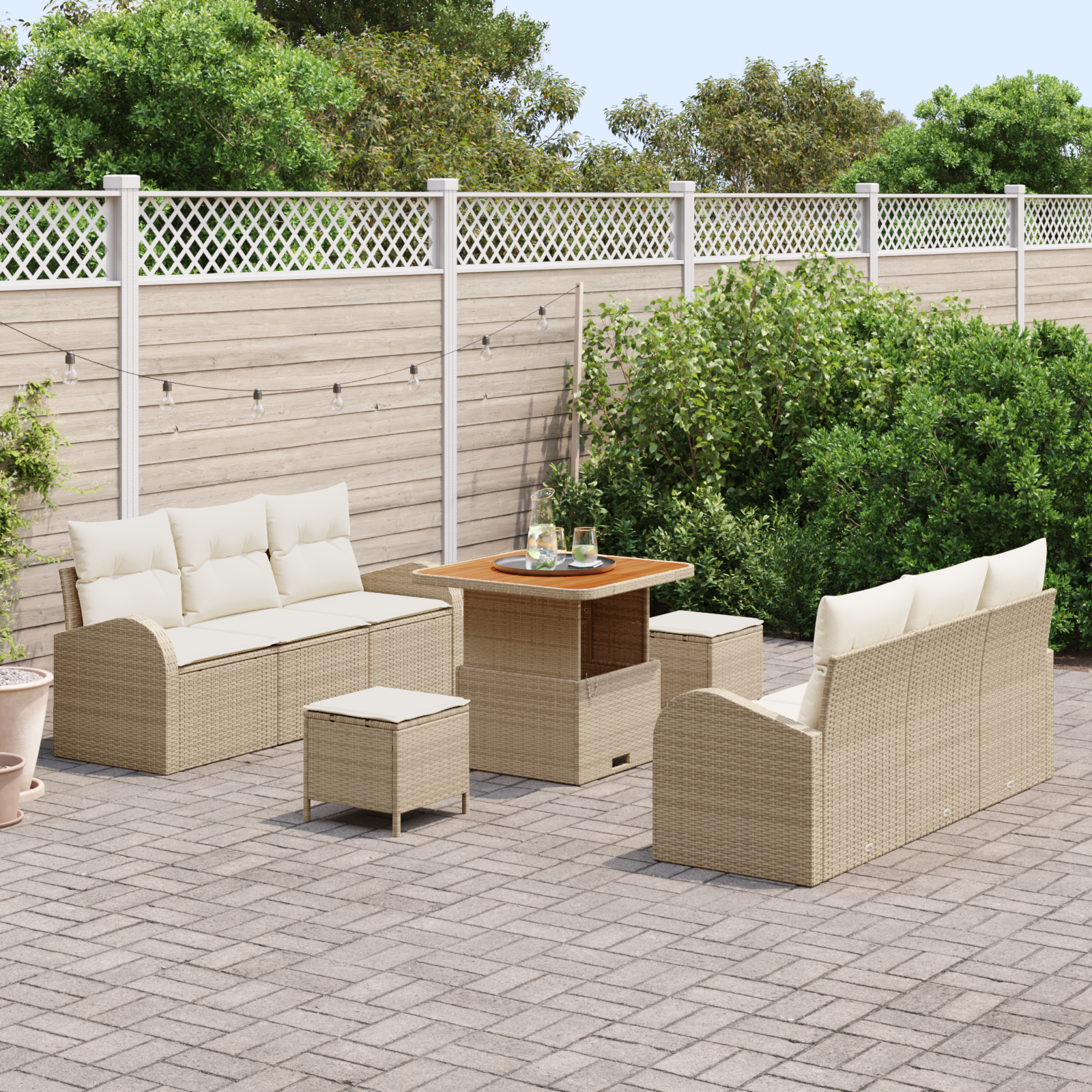 vidaXL 9-delige loungeset met kussens in beige van poly rattan en acacia