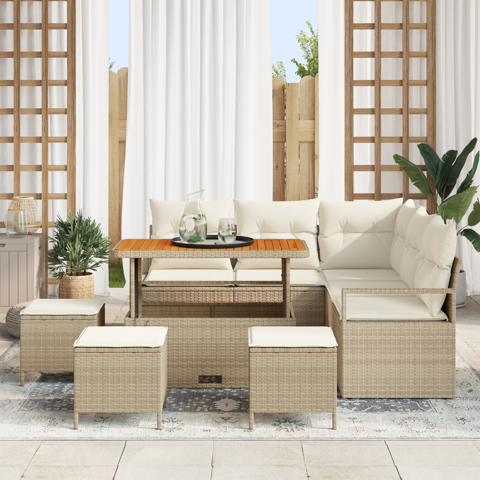 vidaXL 9-delige tuinset met kussens in beige poly rattan en acacia