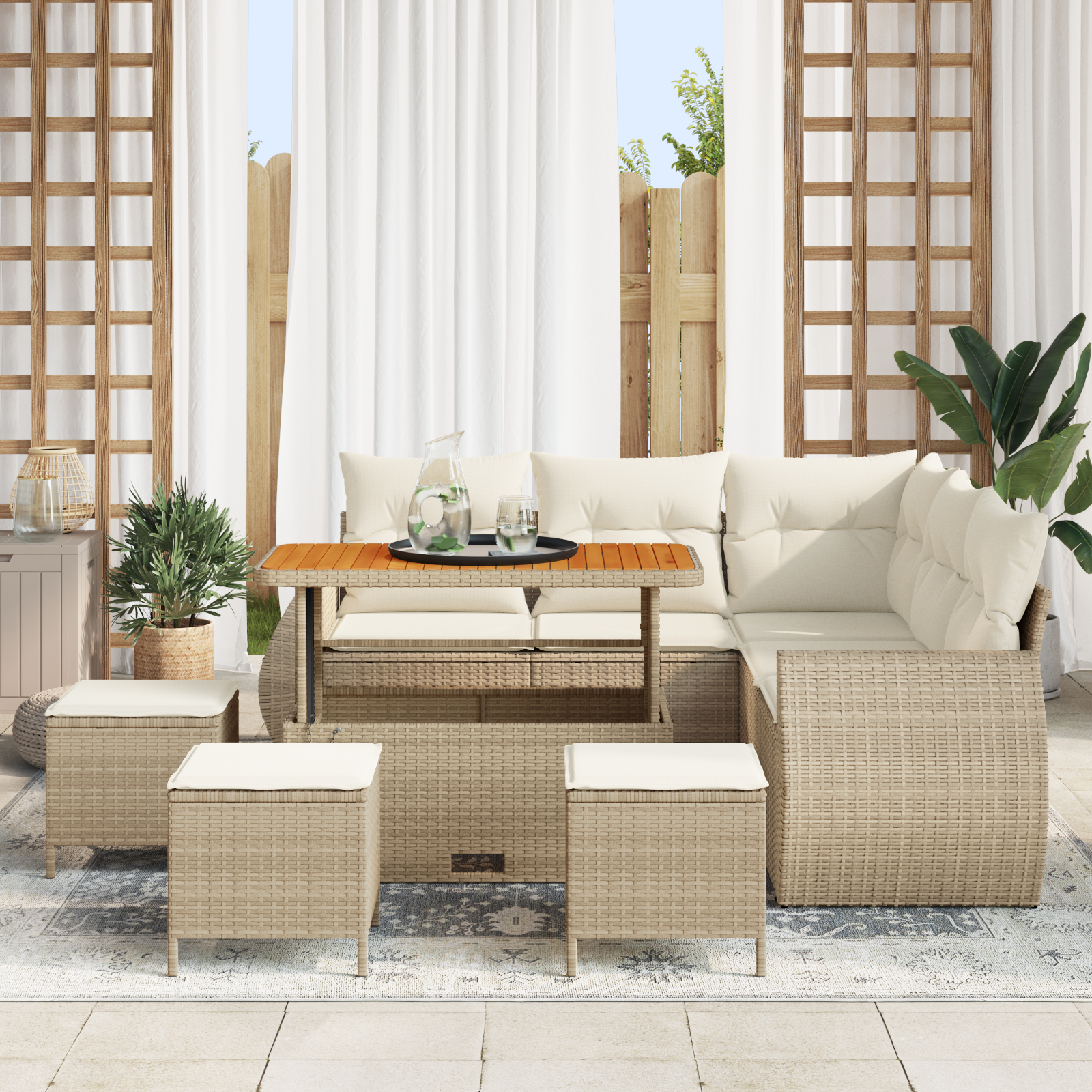 vidaXL 9-delige Tuinbankenset met kussens poly rattan acacia beige