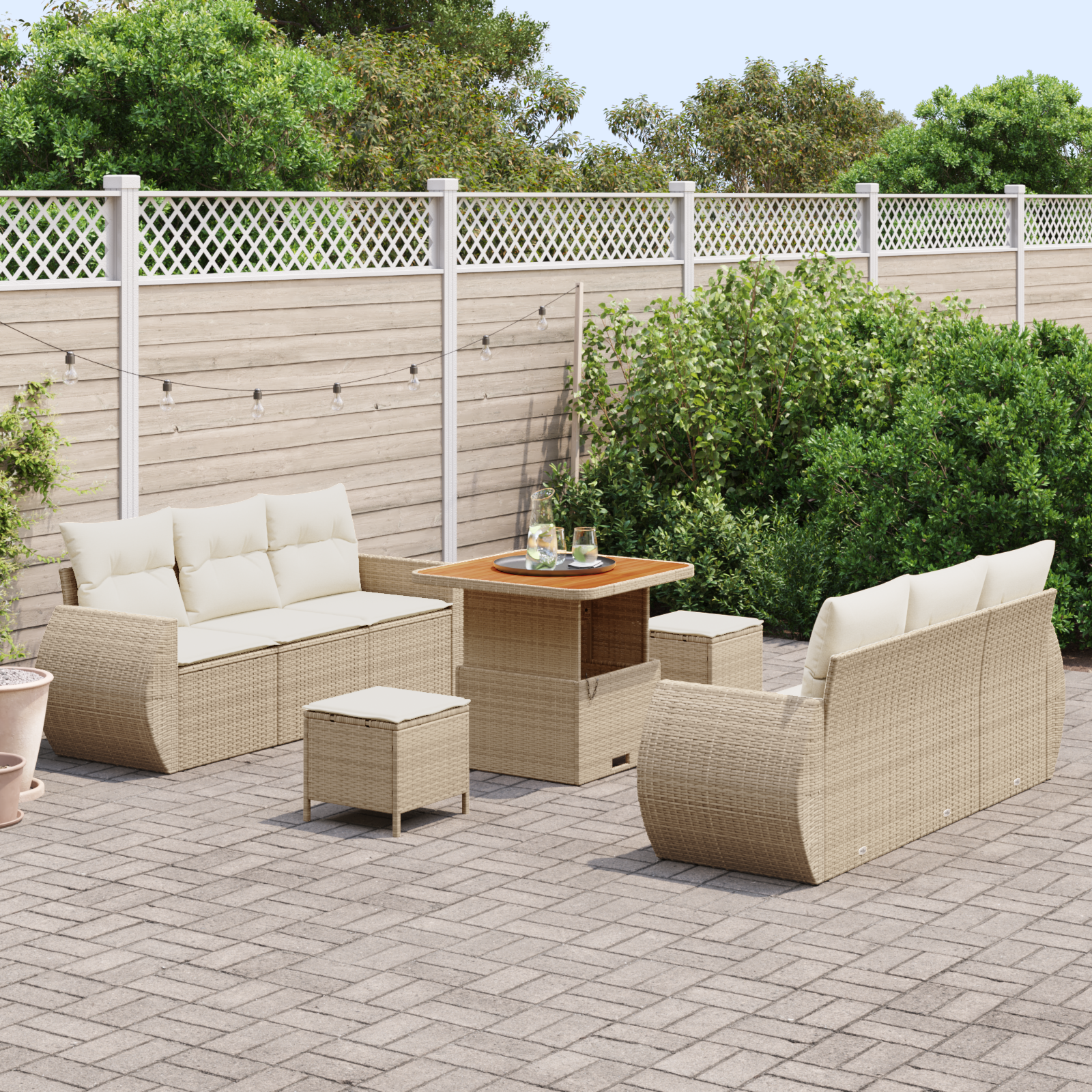 vidaXL 9-delige tuinset met kussens in beige poly riet en acacia