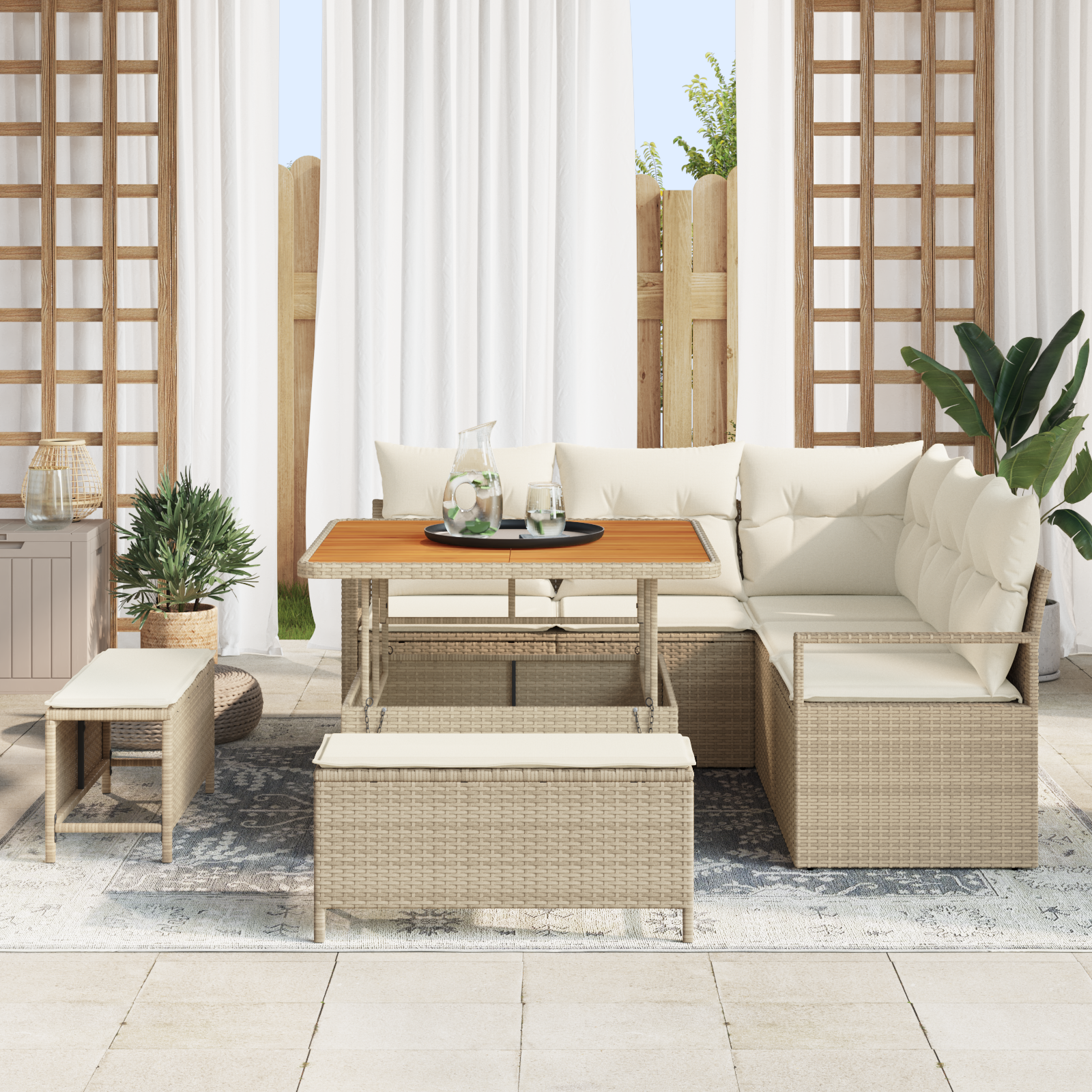 vidaXL 8-delige tuinset met kussens beige van poly rattan en acacia