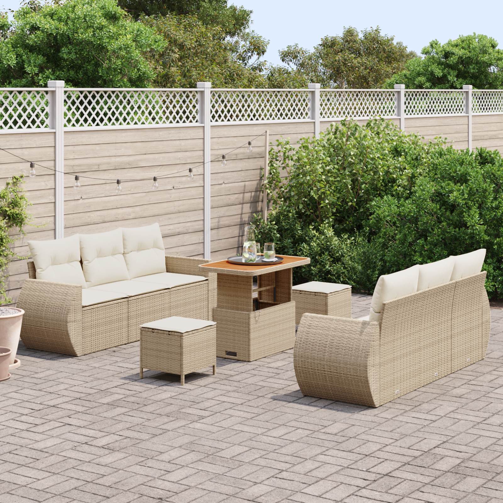 vidaXL 9-delige ligbed set met kussens in Beige Poly Rattan en Acacia