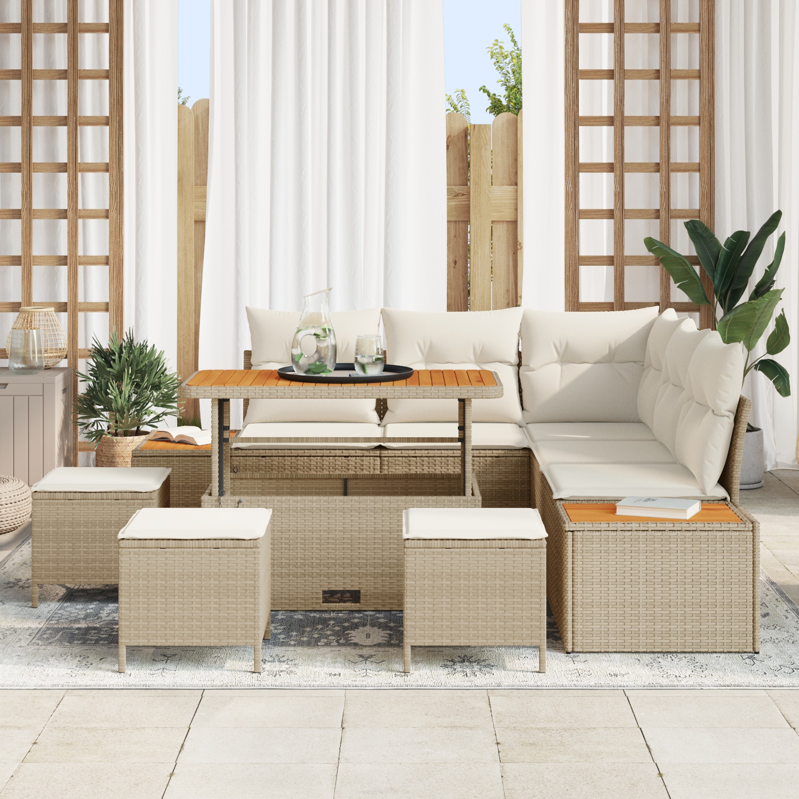 vidaXL 9-delige Tuinbankenset met kussens poly rattan acacia beige