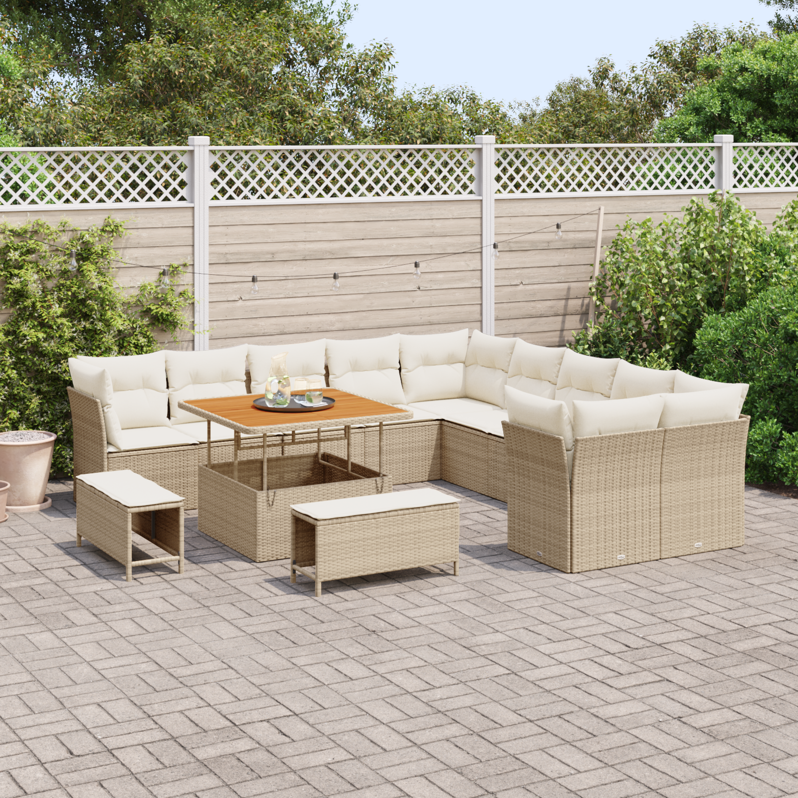 vidaXL 13-delige tuinset met kussens in beige poly rattan en acacia