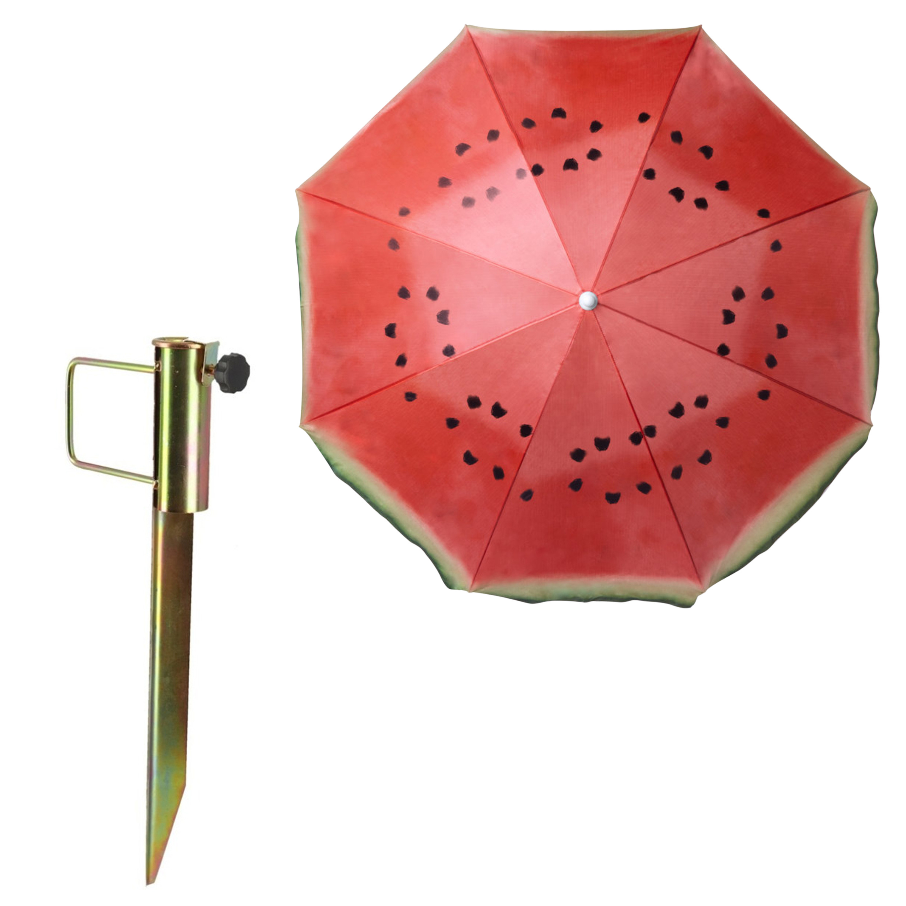 Merkloos Strand/tuinparasol met metalen grondharing - meloen fruit rood - polyester - D160 cm - verstelbaar -