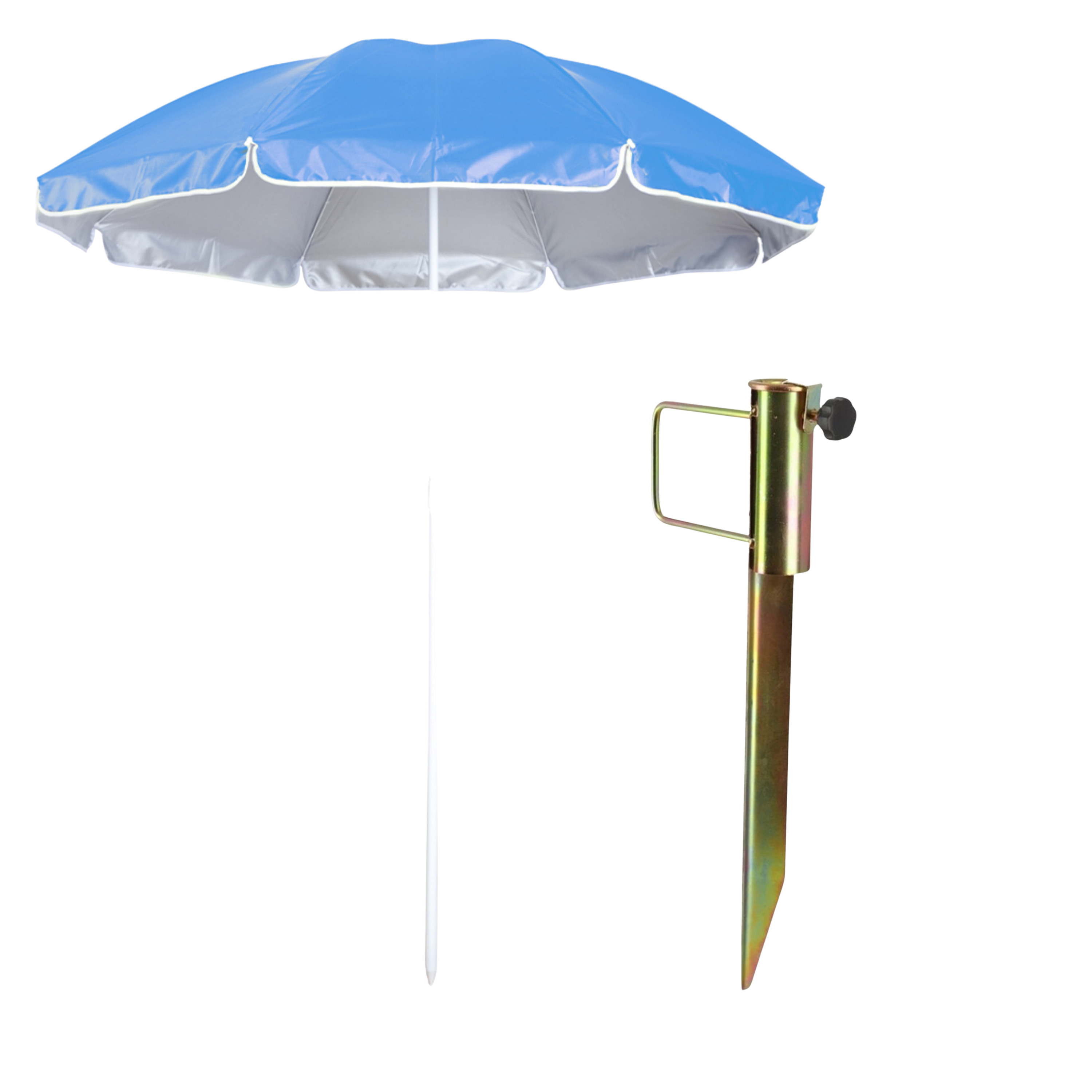 Merkloos Strand/tuin parasol - met metalen grondharing 45 cm - blauw - polyester - D150 cm - verstelbaar -