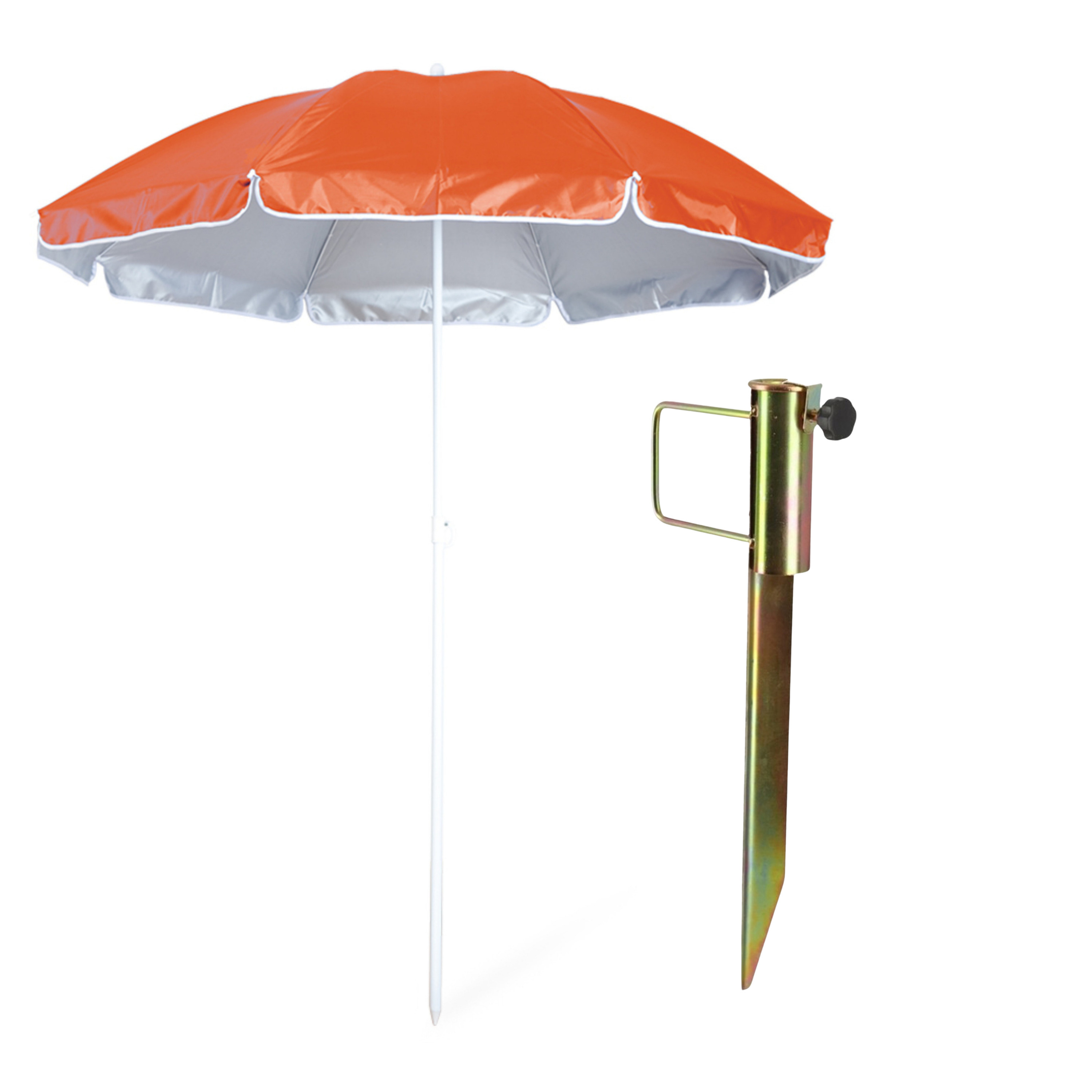 Merkloos Strand/tuin parasol - met metalen grondharing 45 cm - oranje - polyester - D150 cm - verstelbaar -