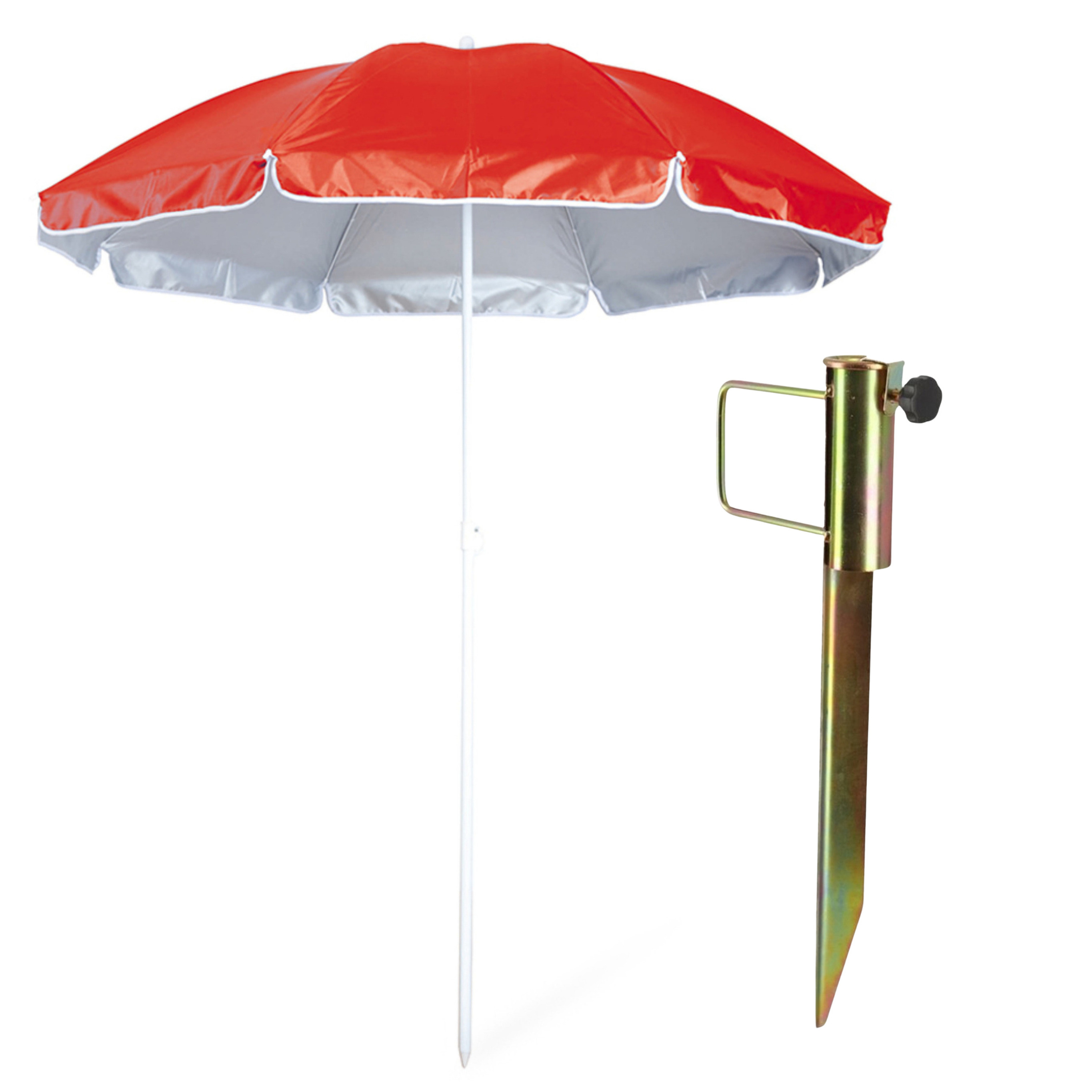 Merkloos Strand/tuin parasol - met metalen grondharing 45 cm - rood - polyester - D150 cm - verstelbaar -