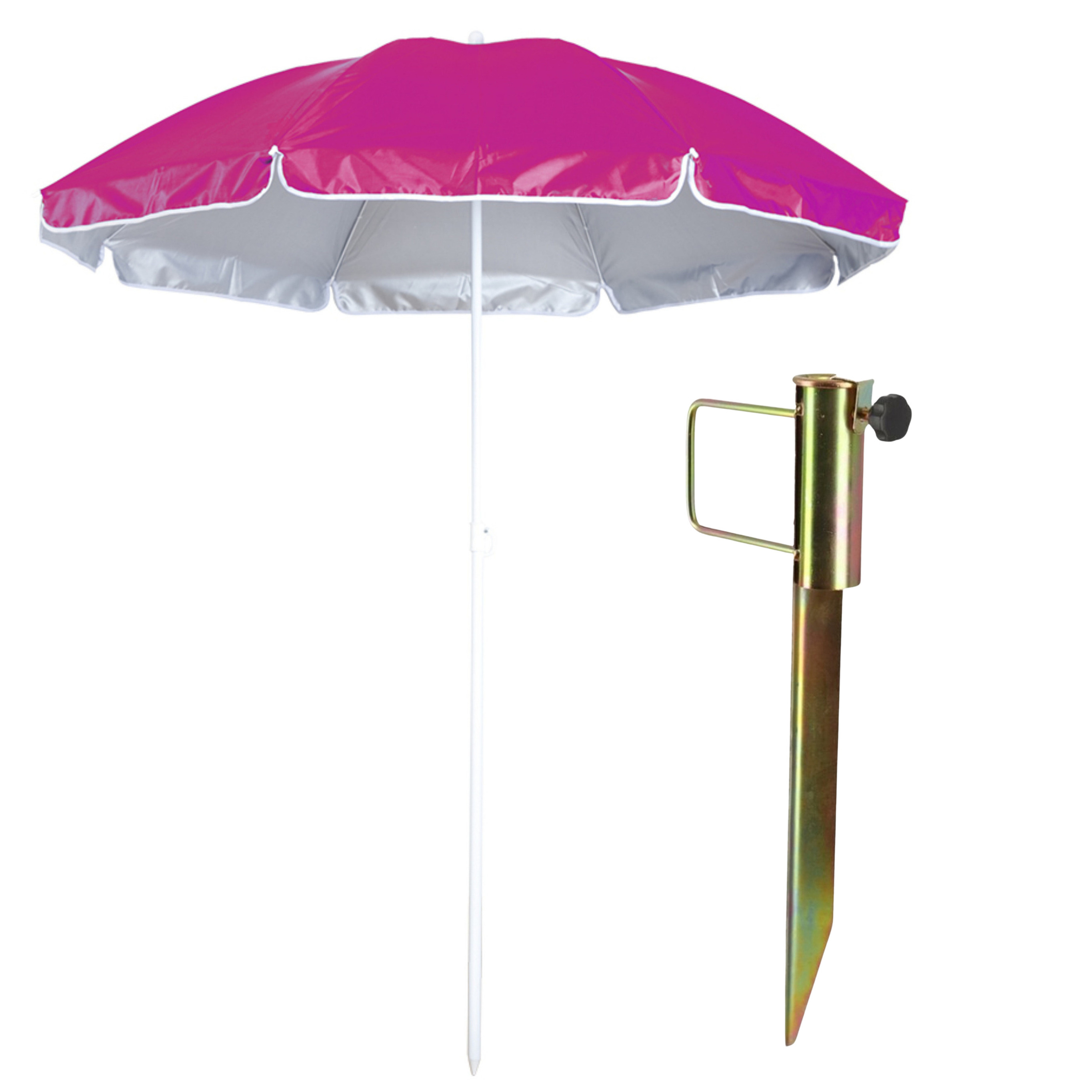 Merkloos Strand/tuin parasol met metalen grondharing 45 cm - fuchsia roze - polyester - D150 cm - verstelbaar -