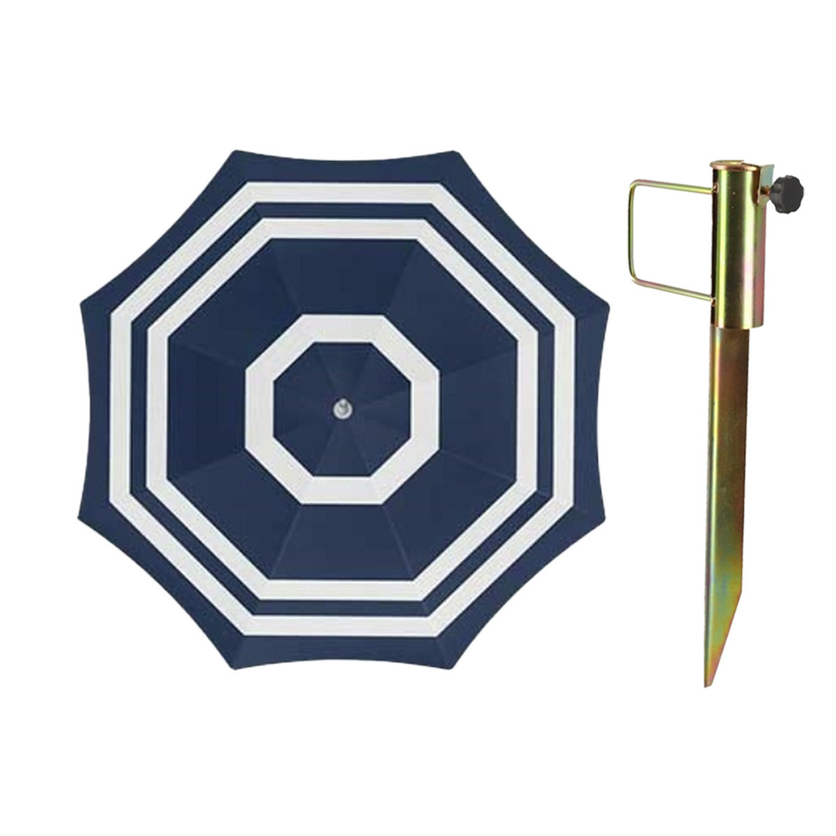 Merkloos Parasol met metalen grondharing - blauw/wit strepen - polyester - Dia cm - verstelbaar -