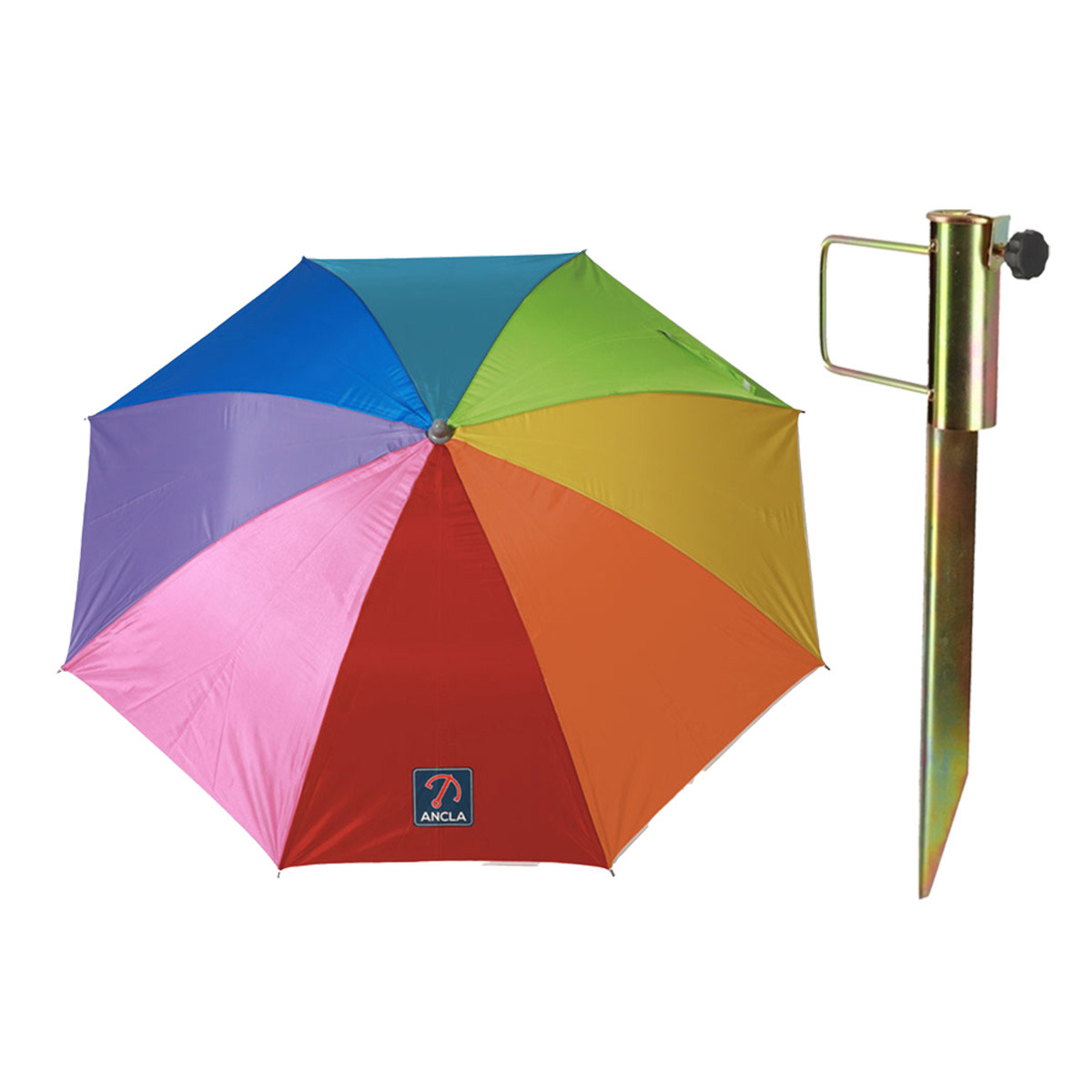 Merkloos Parasol met metalen grondharing - multi kleuren gesteept - polyester - Dia 160 cm - verstelbaar -