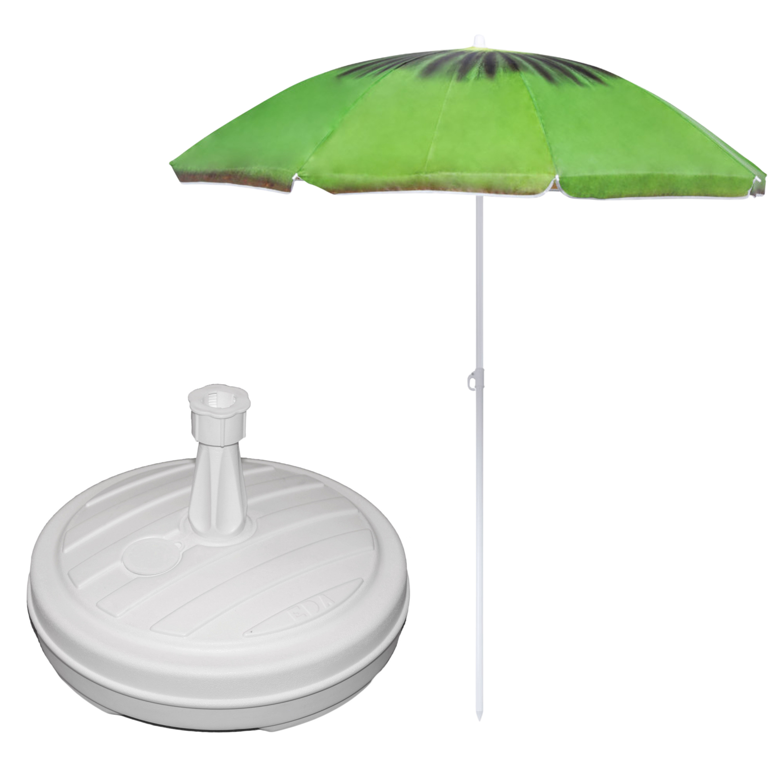 Merkloos Tuin parasol - met vulbare parasolvoet in wit - doek kiwi print groen - D160 cm - polyester -