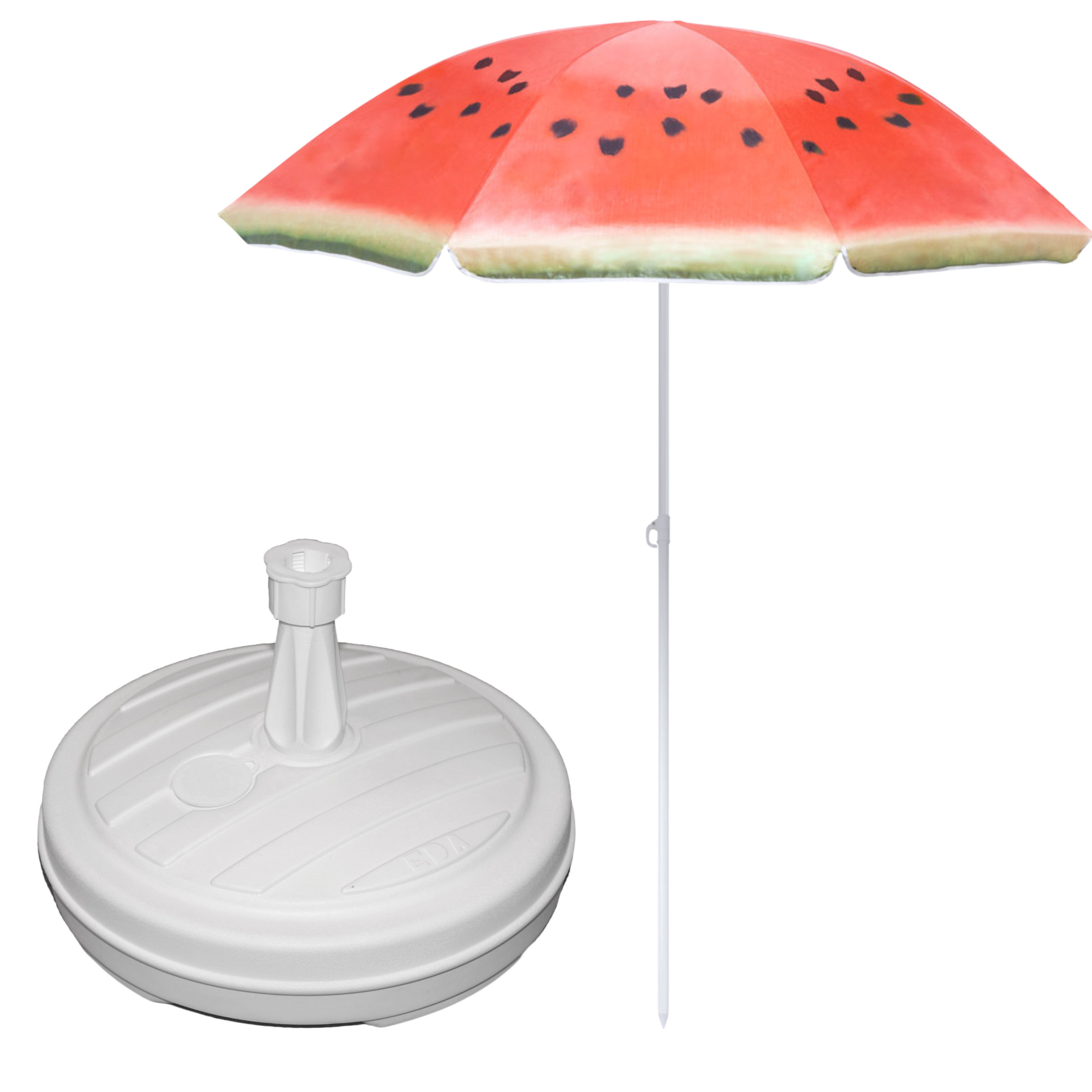 Merkloos Tuin parasol - met vulbare parasolvoet in wit - doek watermeloen print rood - D160 cm - polyester -