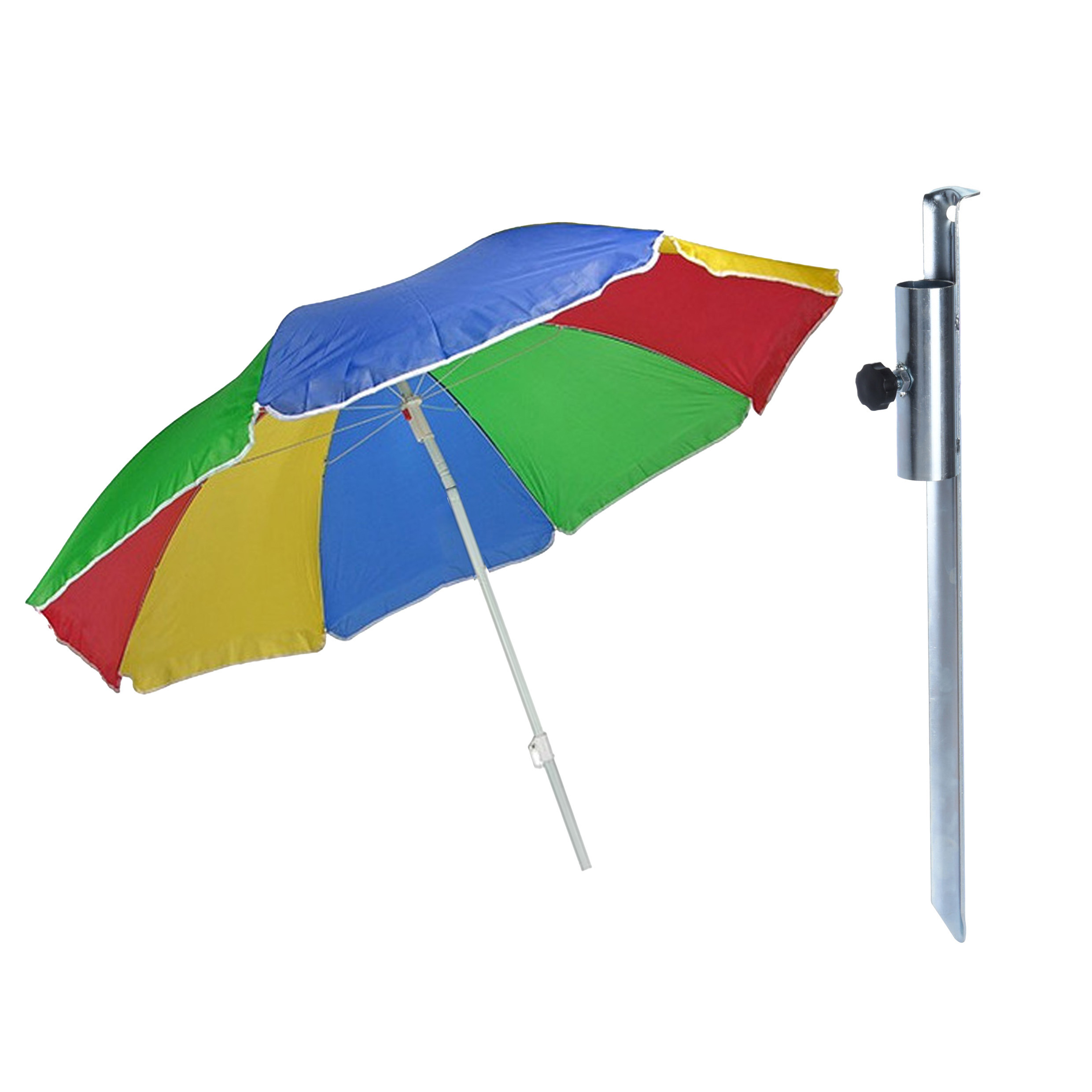 Merkloos Parasol met metalen grondharing - multi kleuren gesteept - polyester - Dia 180 cm - verstelbaar -