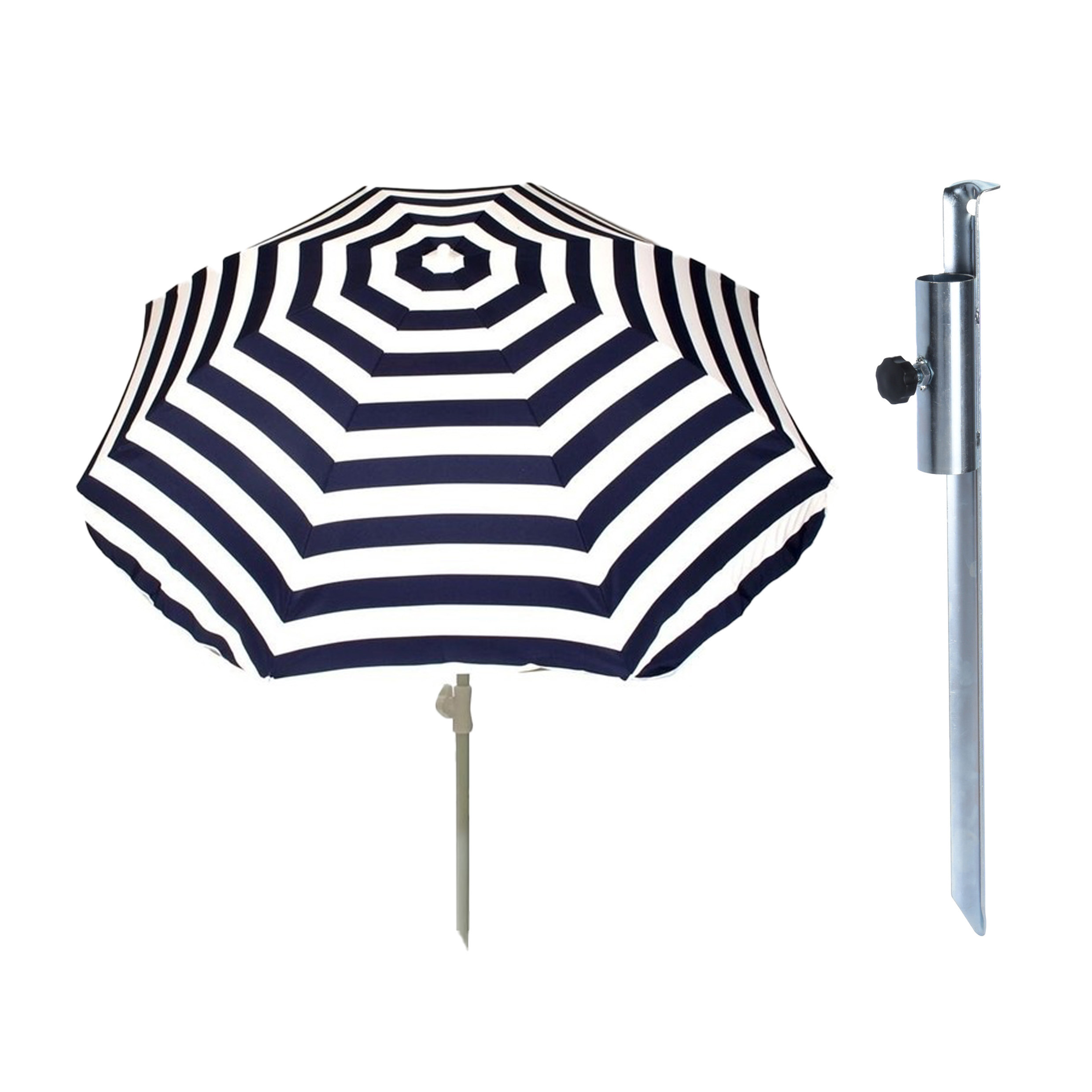 Merkloos Parasol met metalen grondharing - blauw/wit gestreept - polyester - Dia 180 cm - verstelbaar -