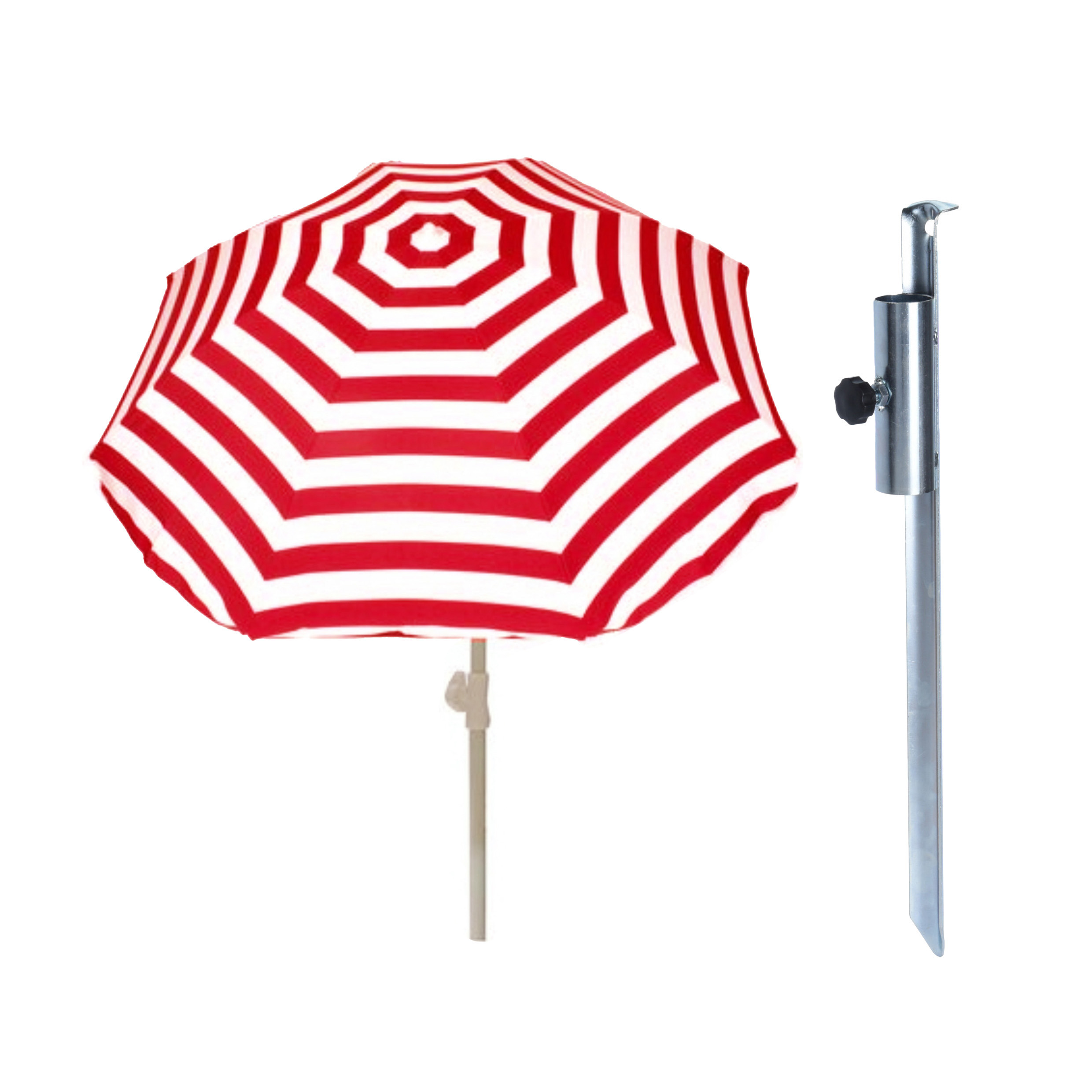 Merkloos Parasol met metalen grondharing - rood/wit gestreept - polyester - Dia 180 cm - verstelbaar -