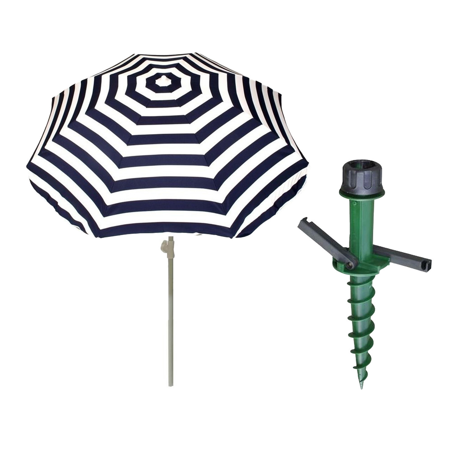 Merkloos Parasol met dikke grondharing - blauw/wit gestreept - polyester - Dia 180 cm - voor het strand -