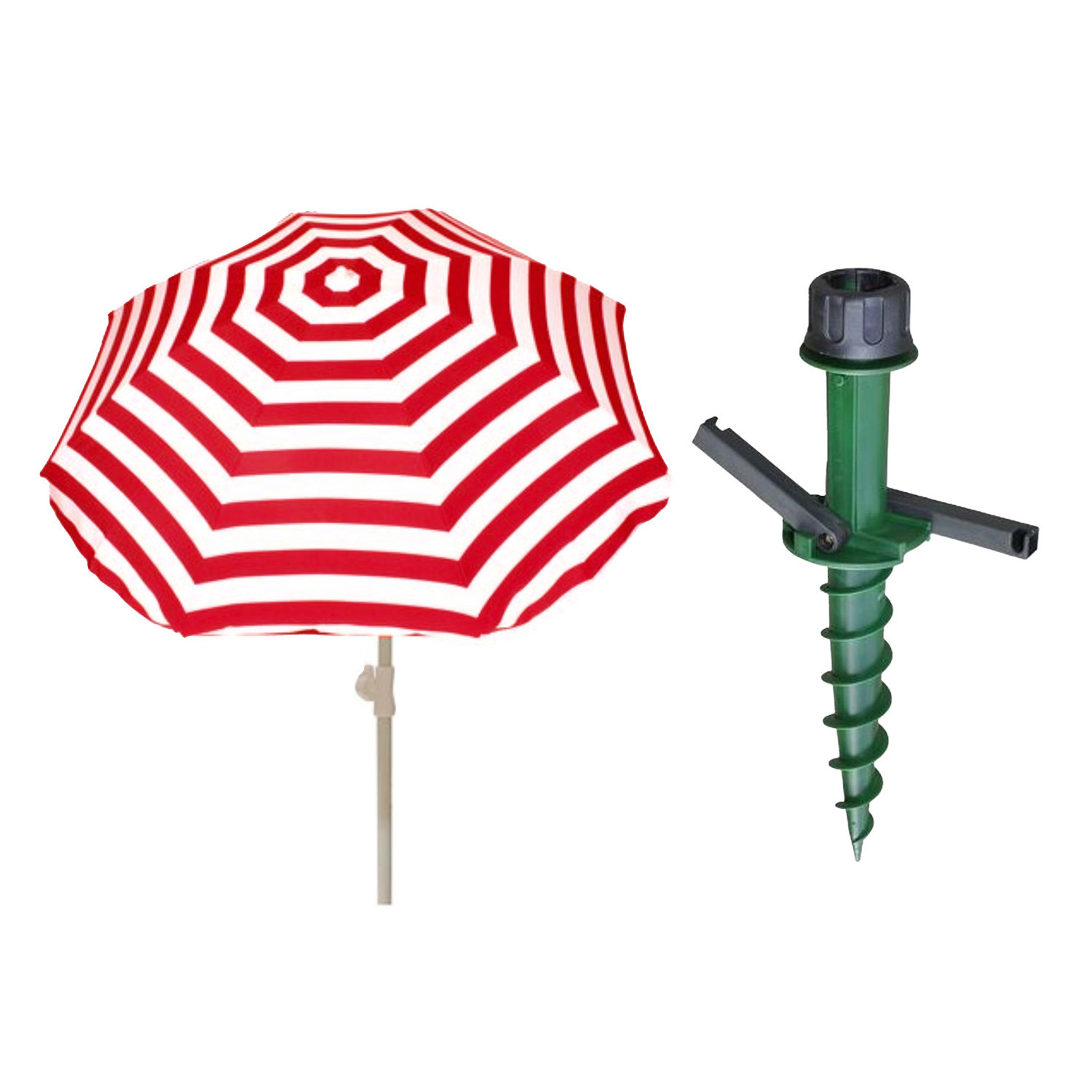 Merkloos Parasol met dikke grondharing - rood/wit gestreept - polyester - Dia 180 cm - voor het strand -
