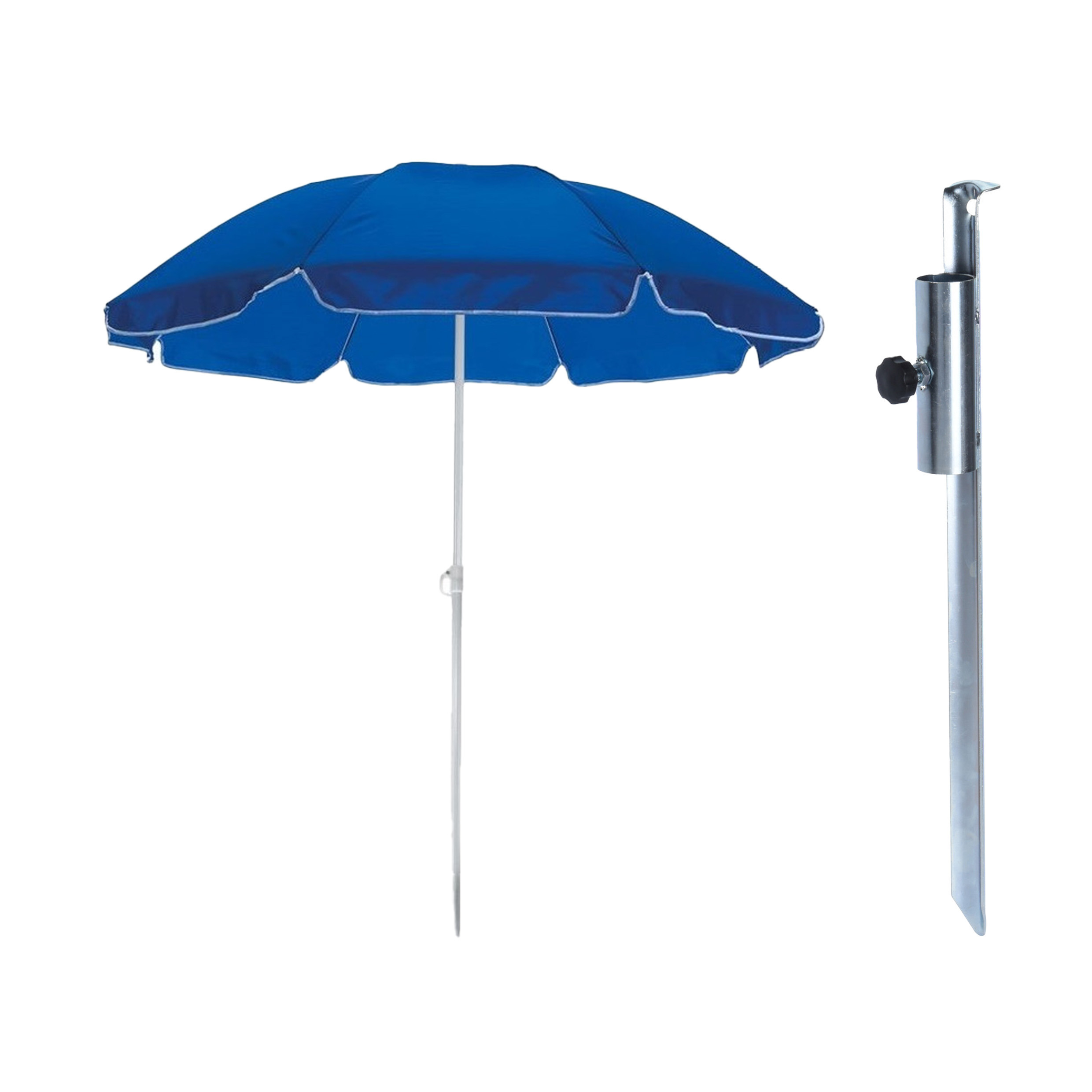 Merkloos Parasol met metalen grondharing - blauw - polyester - Dia 145 cm - verstelbaar -