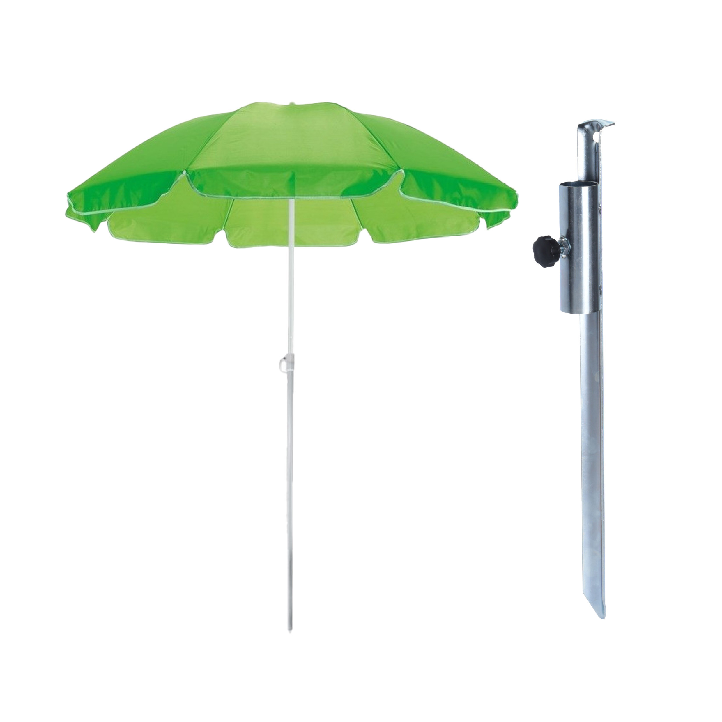 Merkloos Parasol met metalen grondharing - groen - polyester - Dia 145 cm - verstelbaar -