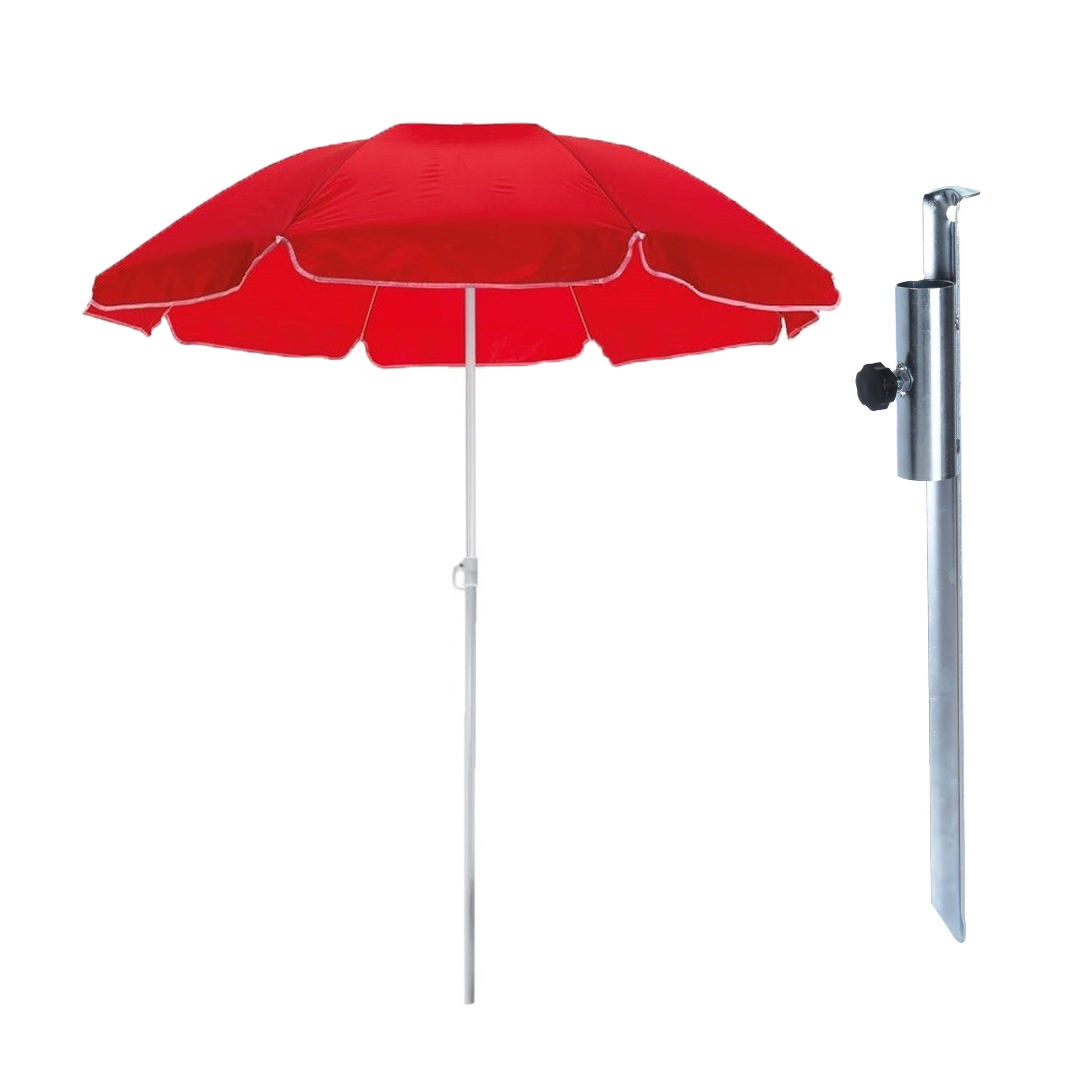 Merkloos Parasol met metalen grondharing - rood - polyester - Dia 145 cm - verstelbaar -