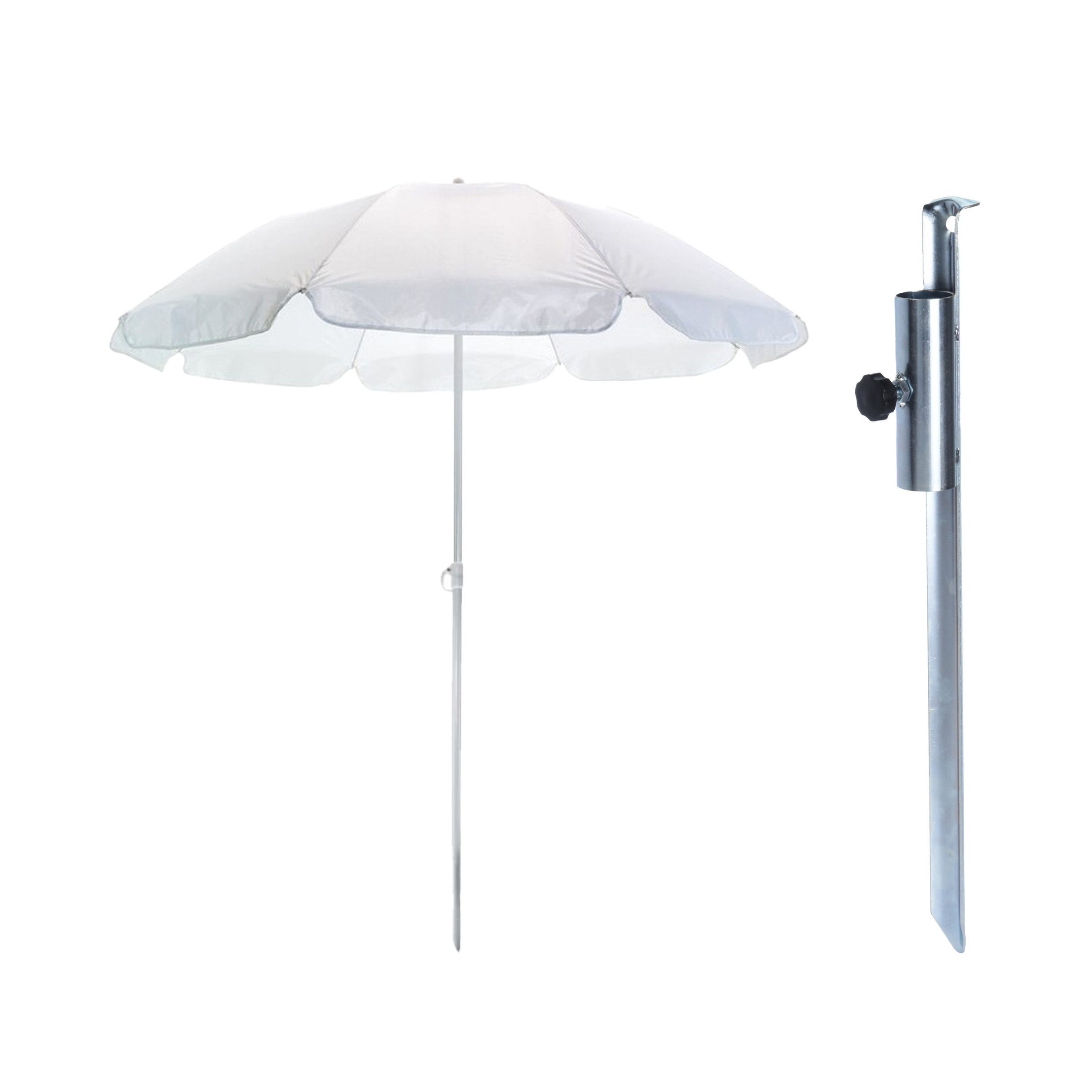 Merkloos Parasol met metalen grondharing - wit - polyester - Dia 145 cm - verstelbaar -