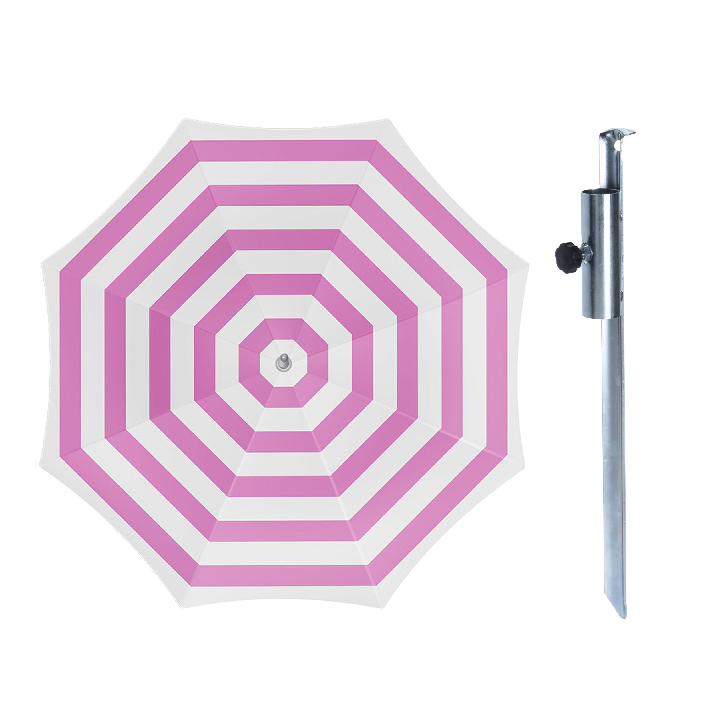 Merkloos Parasol met metalen grondharing - roze/wit gesteept - polyester - Dia 180 cm - verstelbaar -