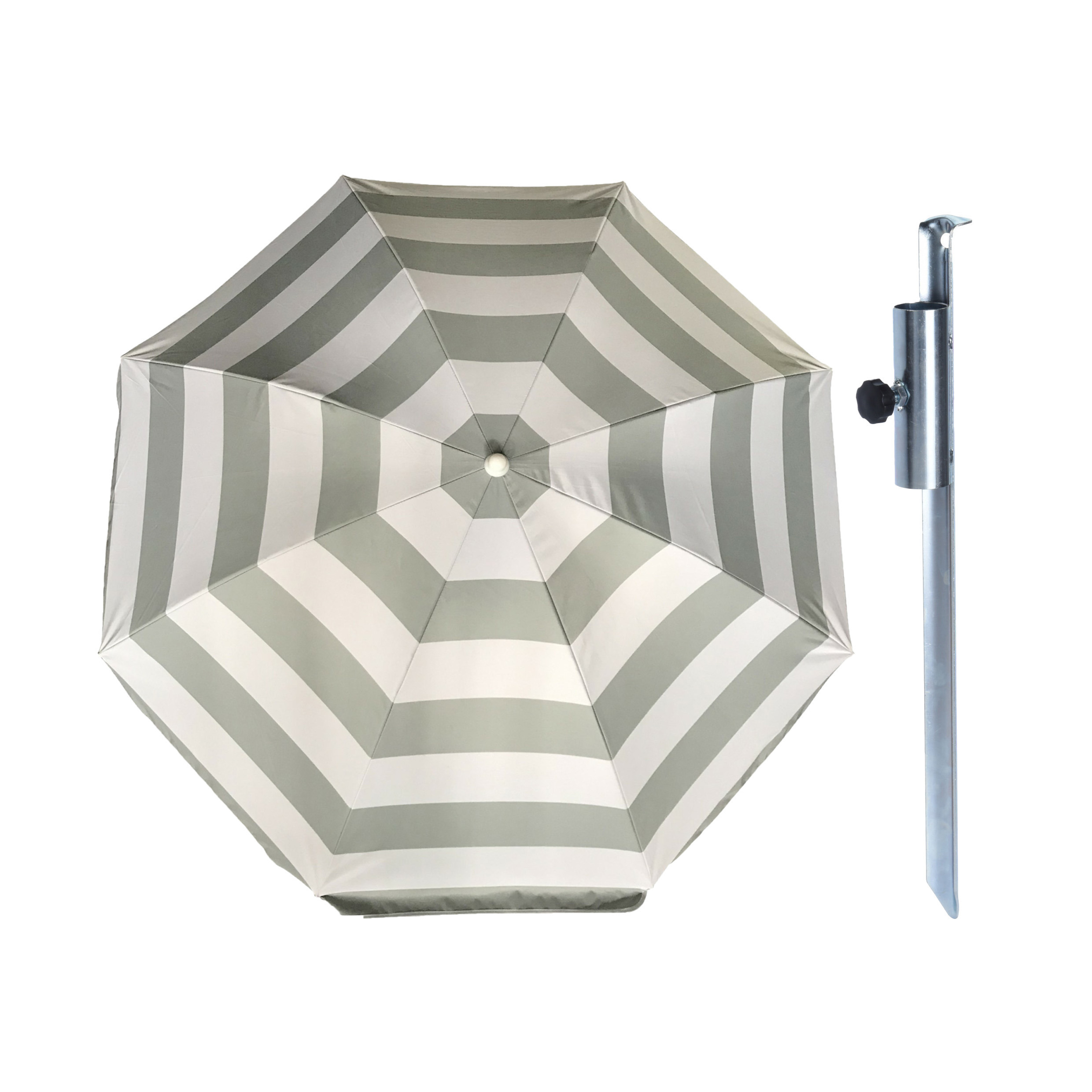 Merkloos Parasol met metalen grondharing - zilver/wit gestreept - polyester - Dia cm - verstelbaar -