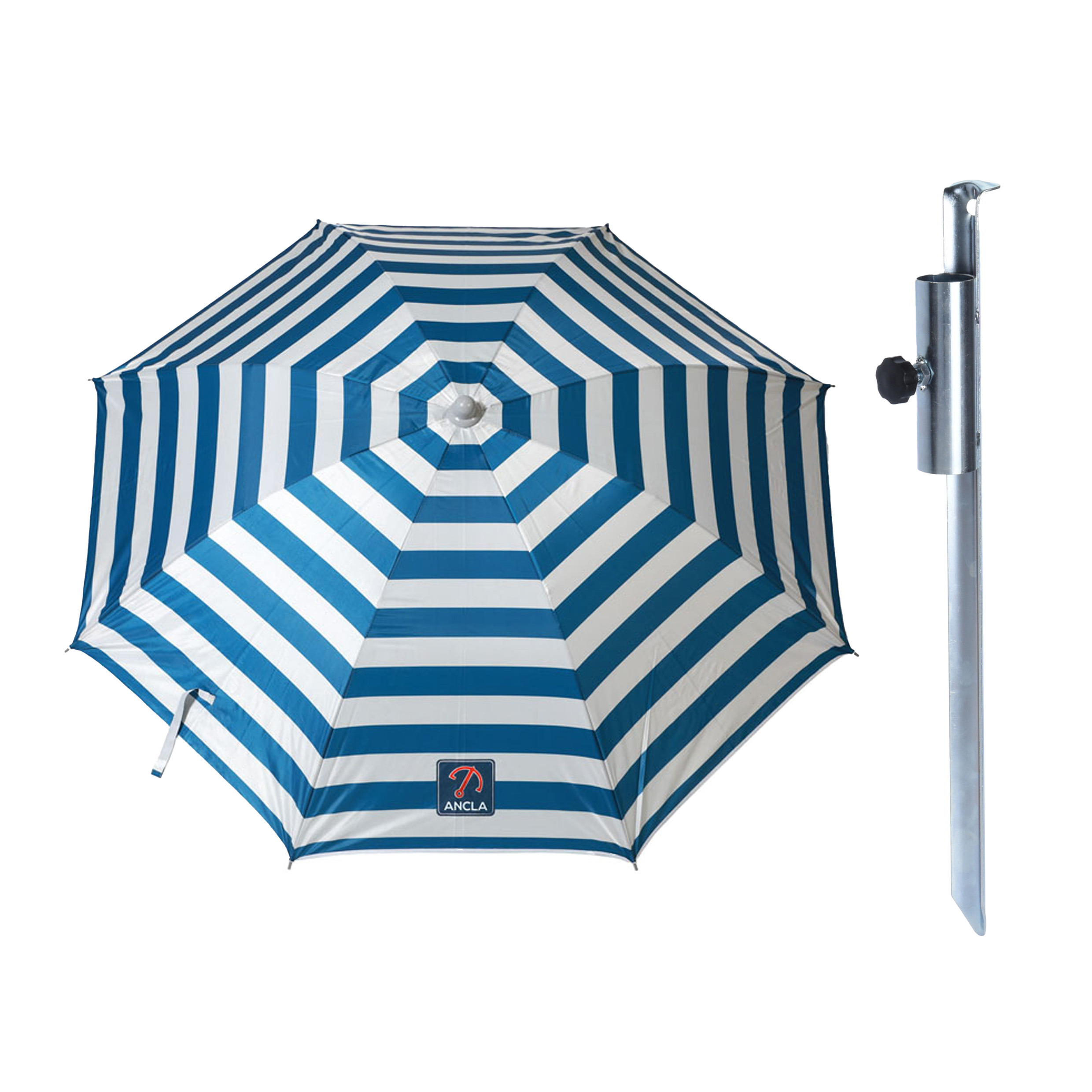 Merkloos Parasol met metalen grondharing - blauw/wit gesteept - polyester - Dia 180 cm - verstelbaar -