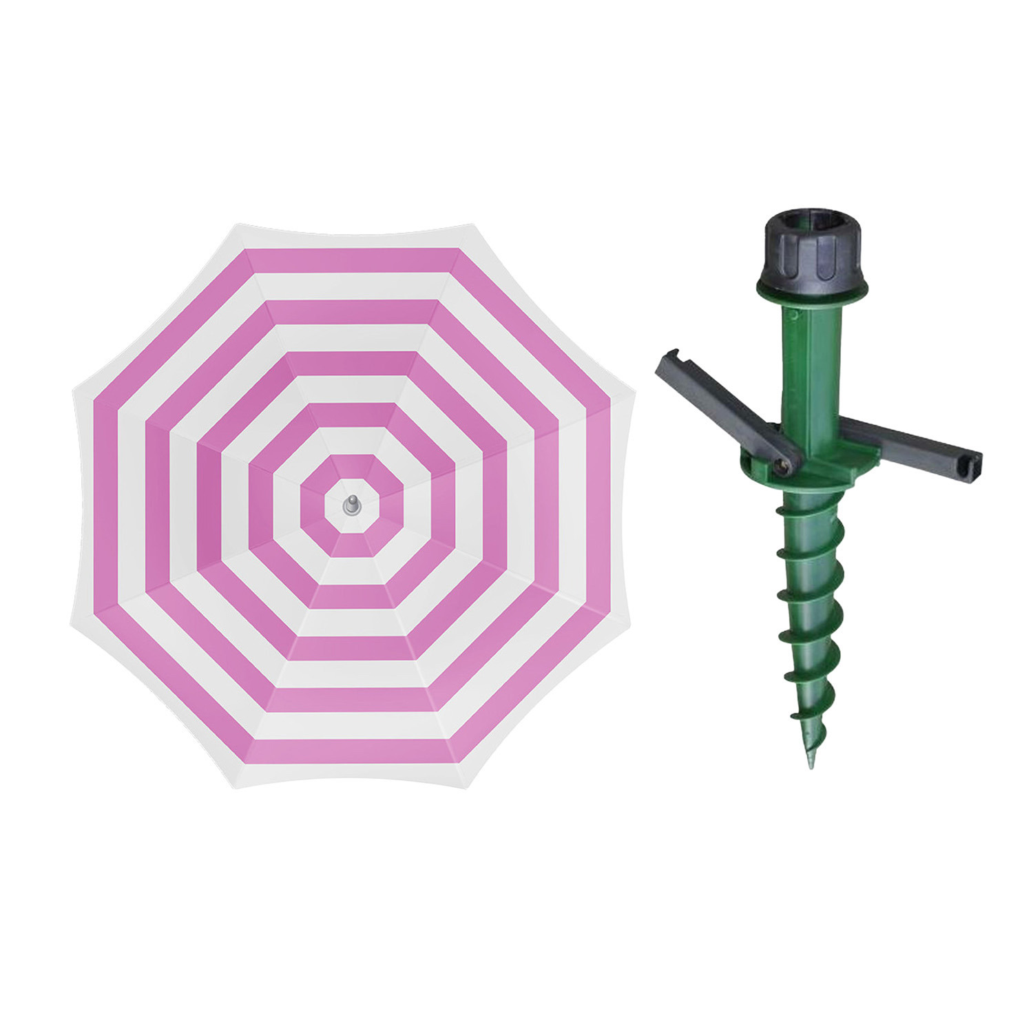 Merkloos Parasol met dikke grondharing - roze/wit gestreept - polyester - Dia 180 cm - voor het strand -
